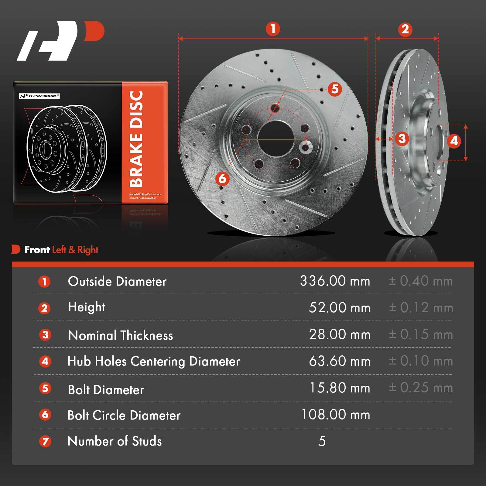 A-Premium 2x Front Drilled Brake Rotor for Volvo S60 2012-2018 S80 V60 V70 XC70