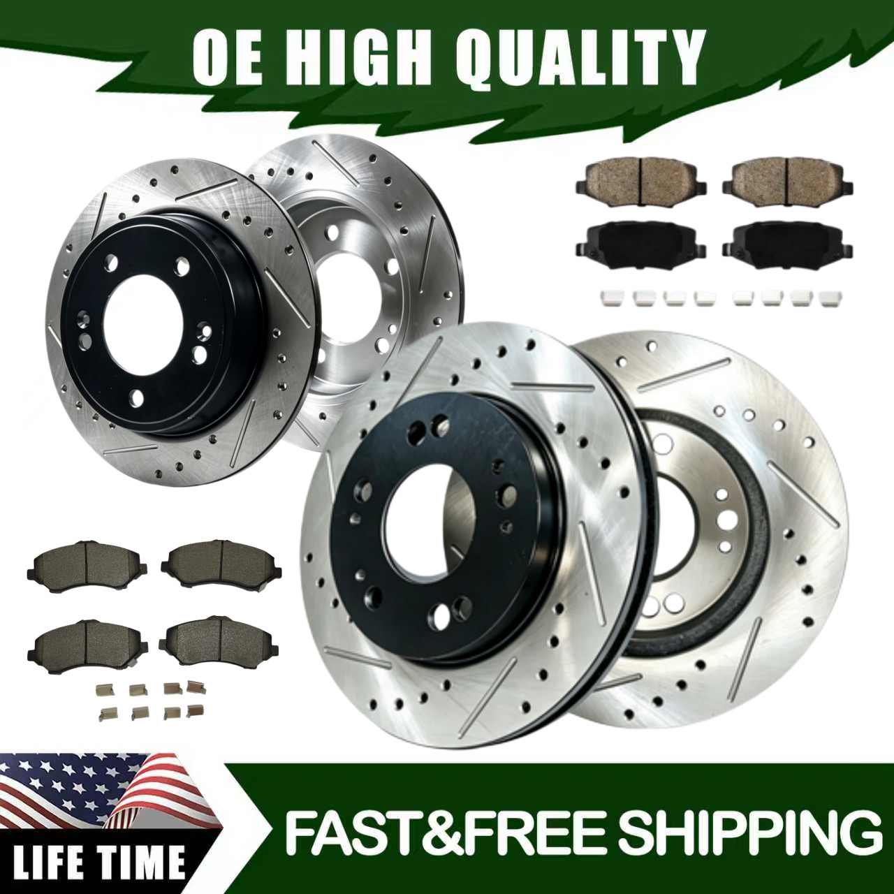 11.89″Front 12.44″ Rear Drilled Rotors Brakes Ceramic Pads Fit Jeep Wrangler