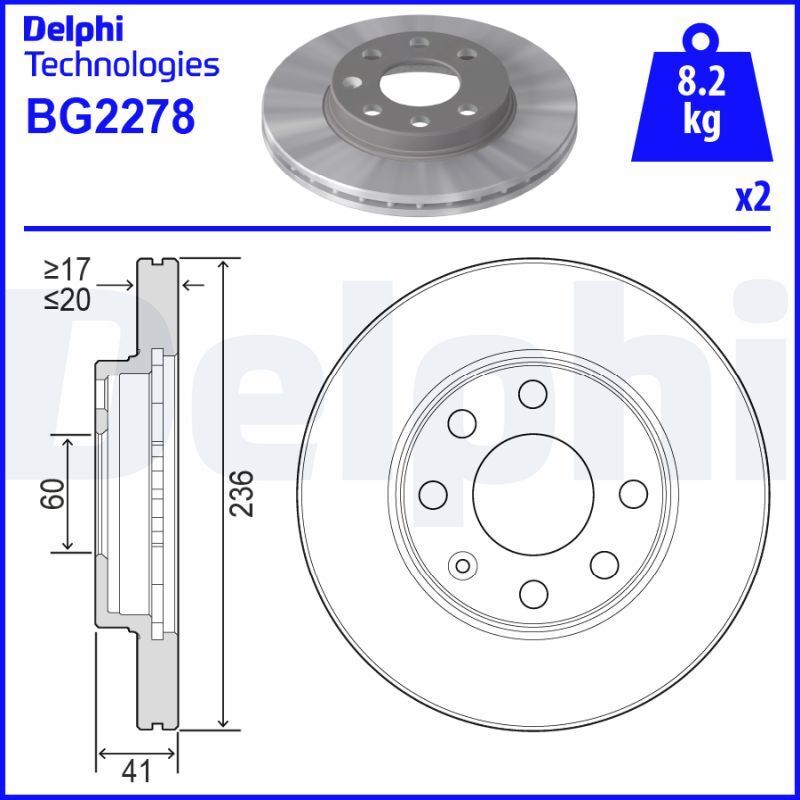 Delphi BG2278 236mm Front Brake Disc Set for Bedford Daewoo Opel Vauxhall NEW