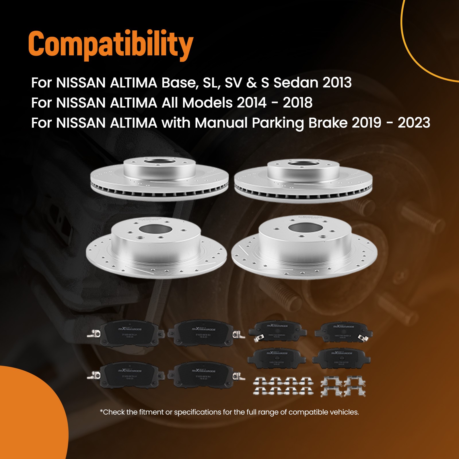 Front Rear Drilled Rotors Brake Pads for Nissan Altima 2013-2023 S-31464 S-31312