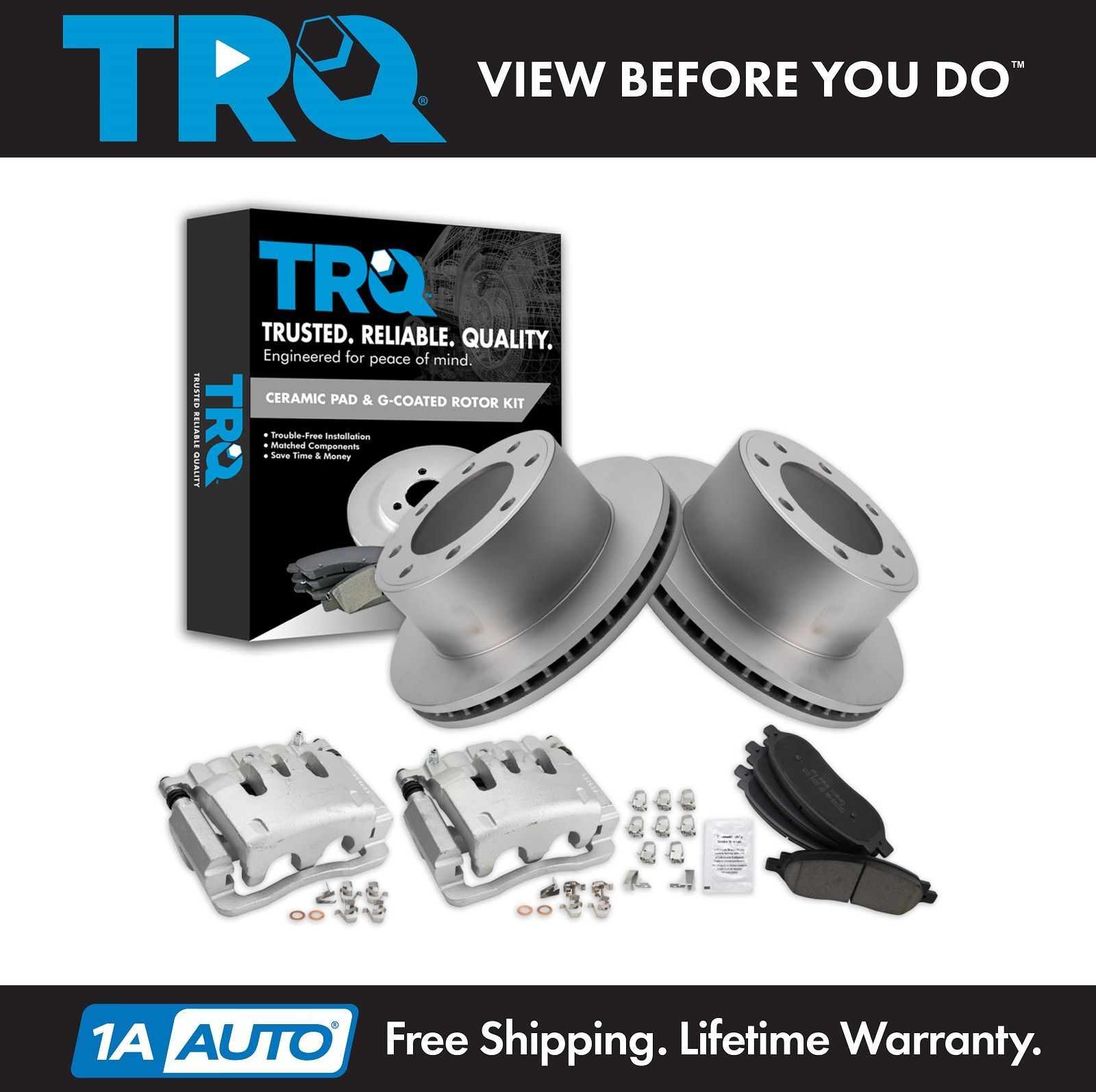 TRQ Rear Ceramic Brake Pad Coated Rotor & Caliper Kit for 05-07 F250 F350 Truck
