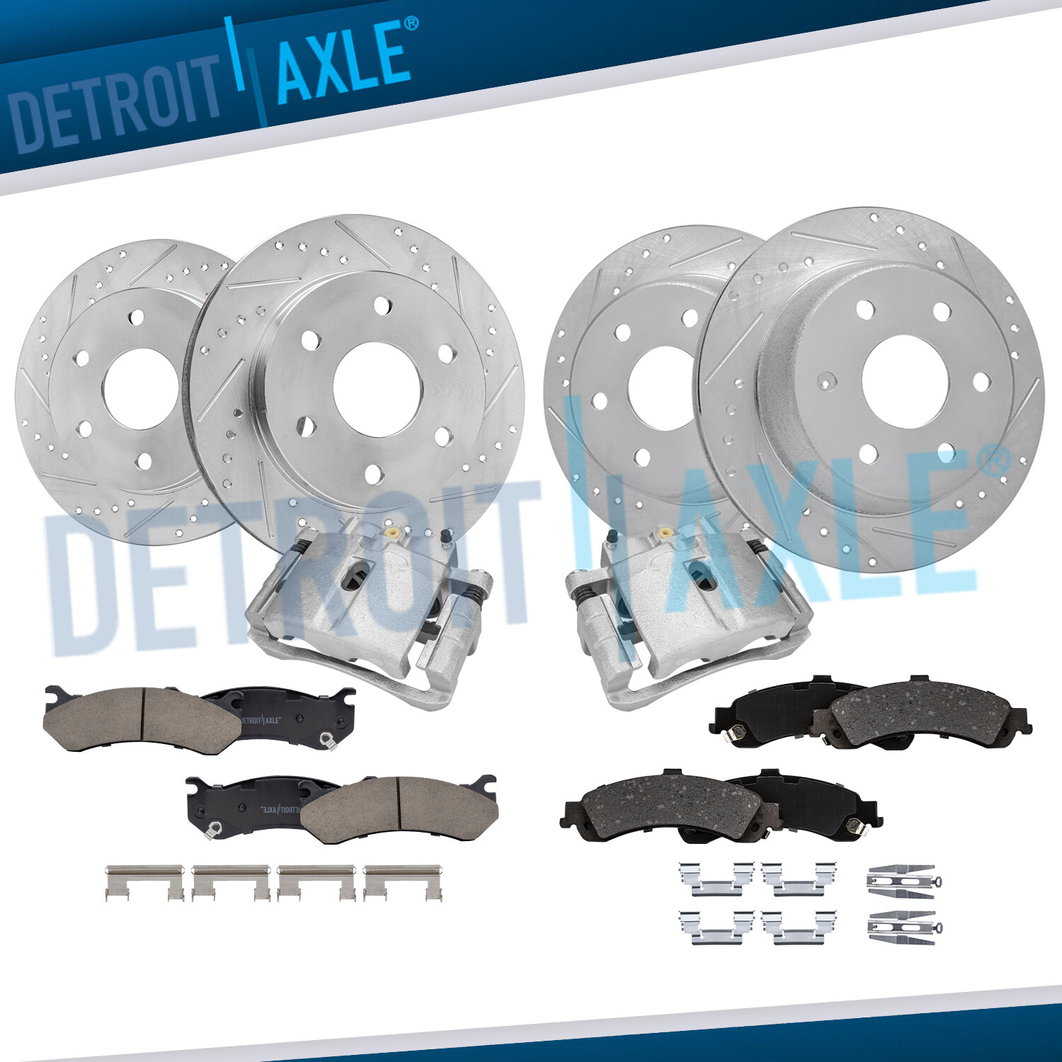 Front & Rear Drilled Rotors Brake Pads + Front Calipers for Silverado 1500 Tahoe