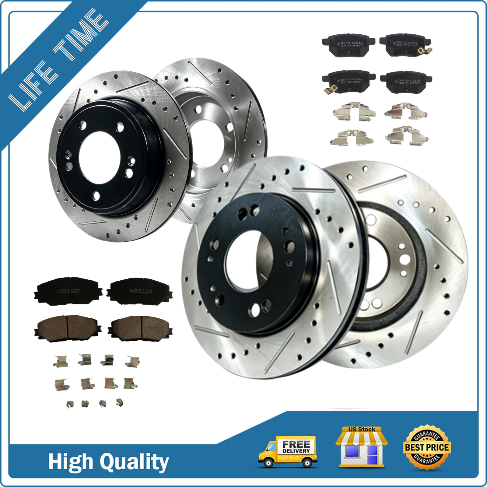 Front Rear Drilled Slotted Rotors Brake Ceramic Pad For 2009 2010 Pontiac Vibe