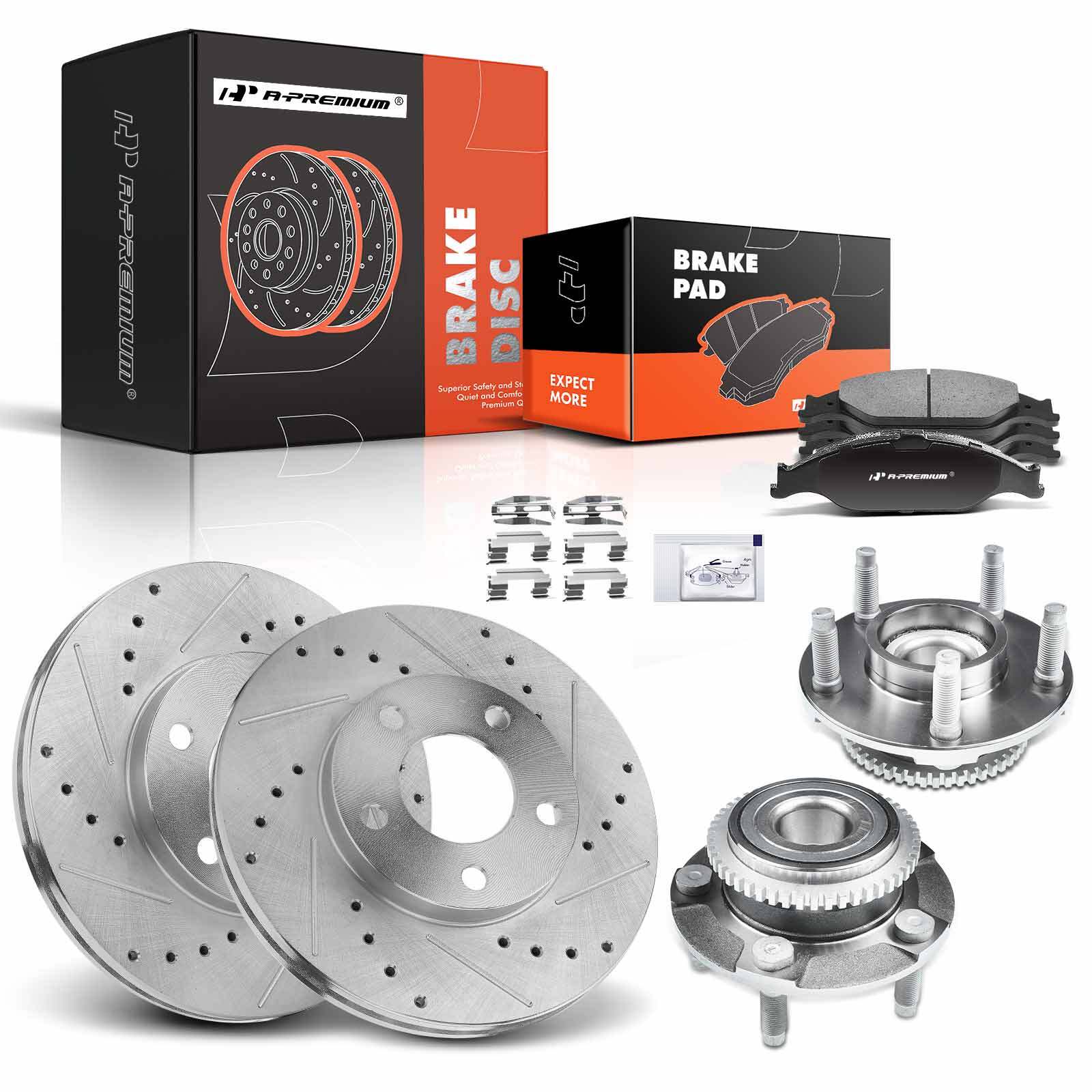 Front Drilled Brake Rotors & Pads + Wheel Hub Bearing for Ford Mustang 99-04 RWD