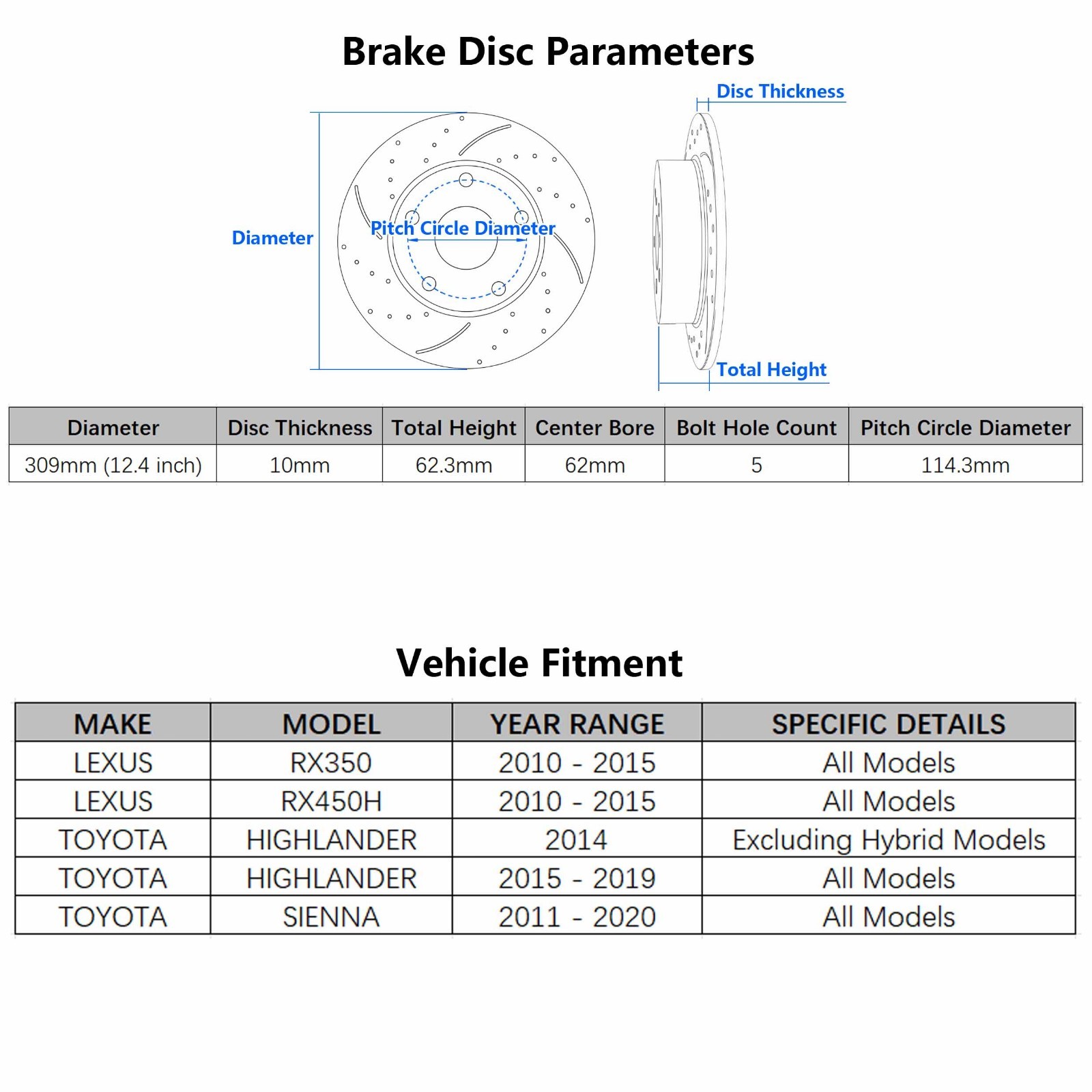 Rear Brake Kit Drilled Rotor Ceramic Brake Pads for 2010-2015 Lexus RX350 RX450h