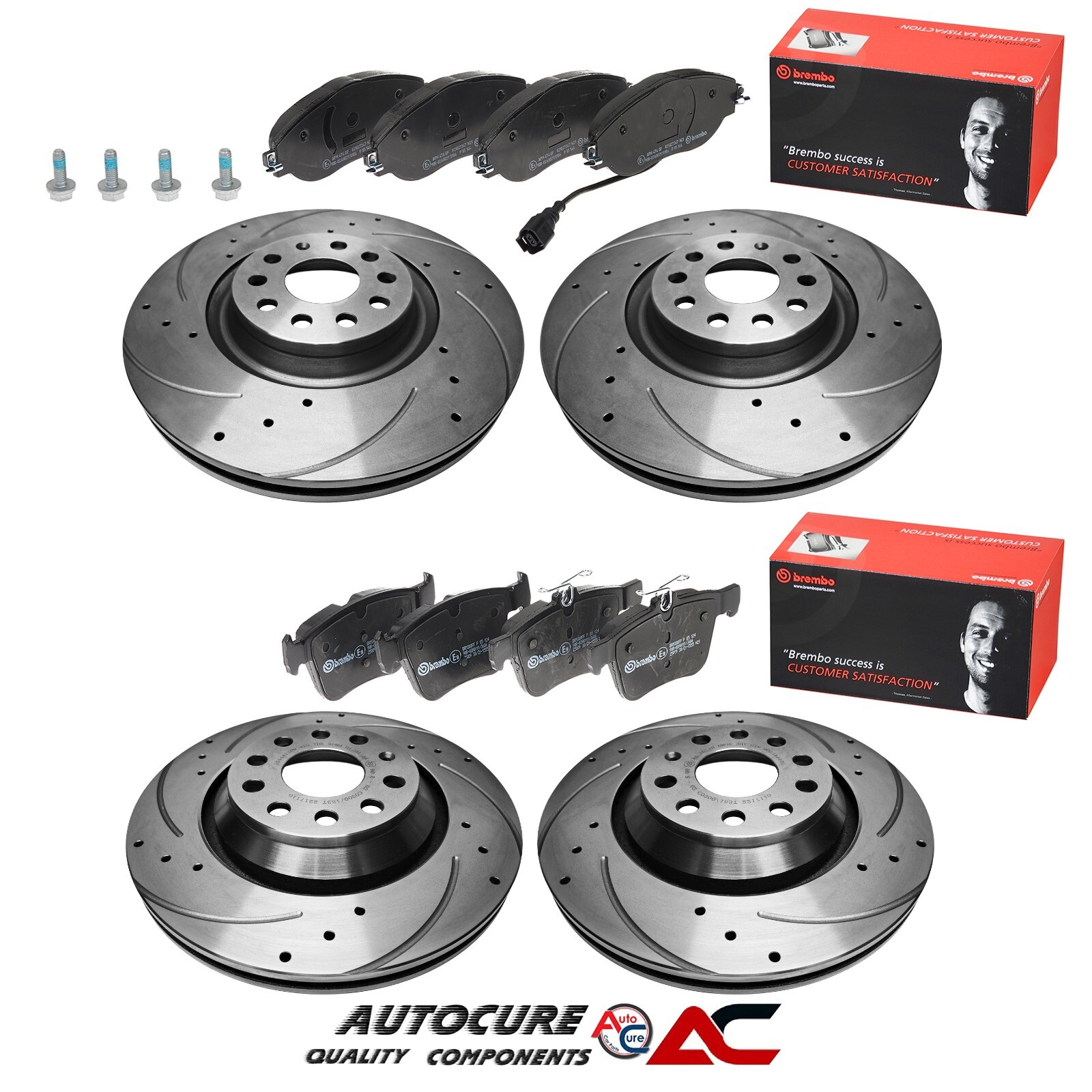 FOR VW GOLF R MK7 FRONT & REAR DRILLED & GROOVED BRAKE DISCS & BREMBO PADS