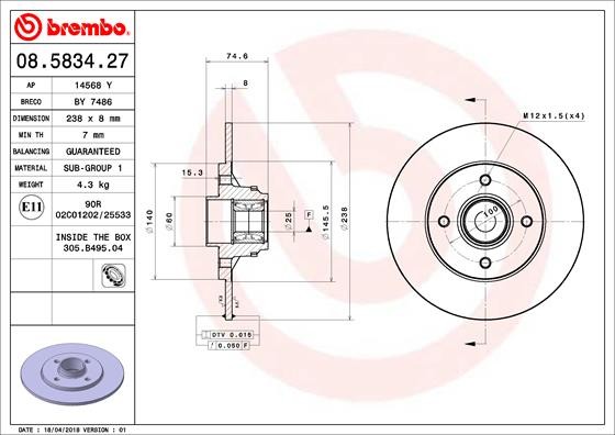 Brembo 08.5834.27 Brake Disc for Renault