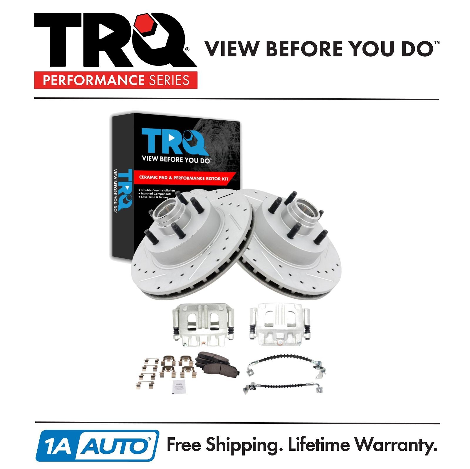 TRQ Front Brake Pad & Rotor Kit Slotted X Drilled Ceramic Front Fits Ford