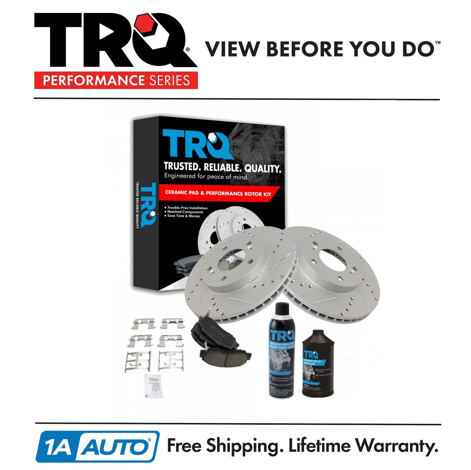 TRQ Front Performance & Brake Rotor & Ceramic Pad Kit w/Chemicals