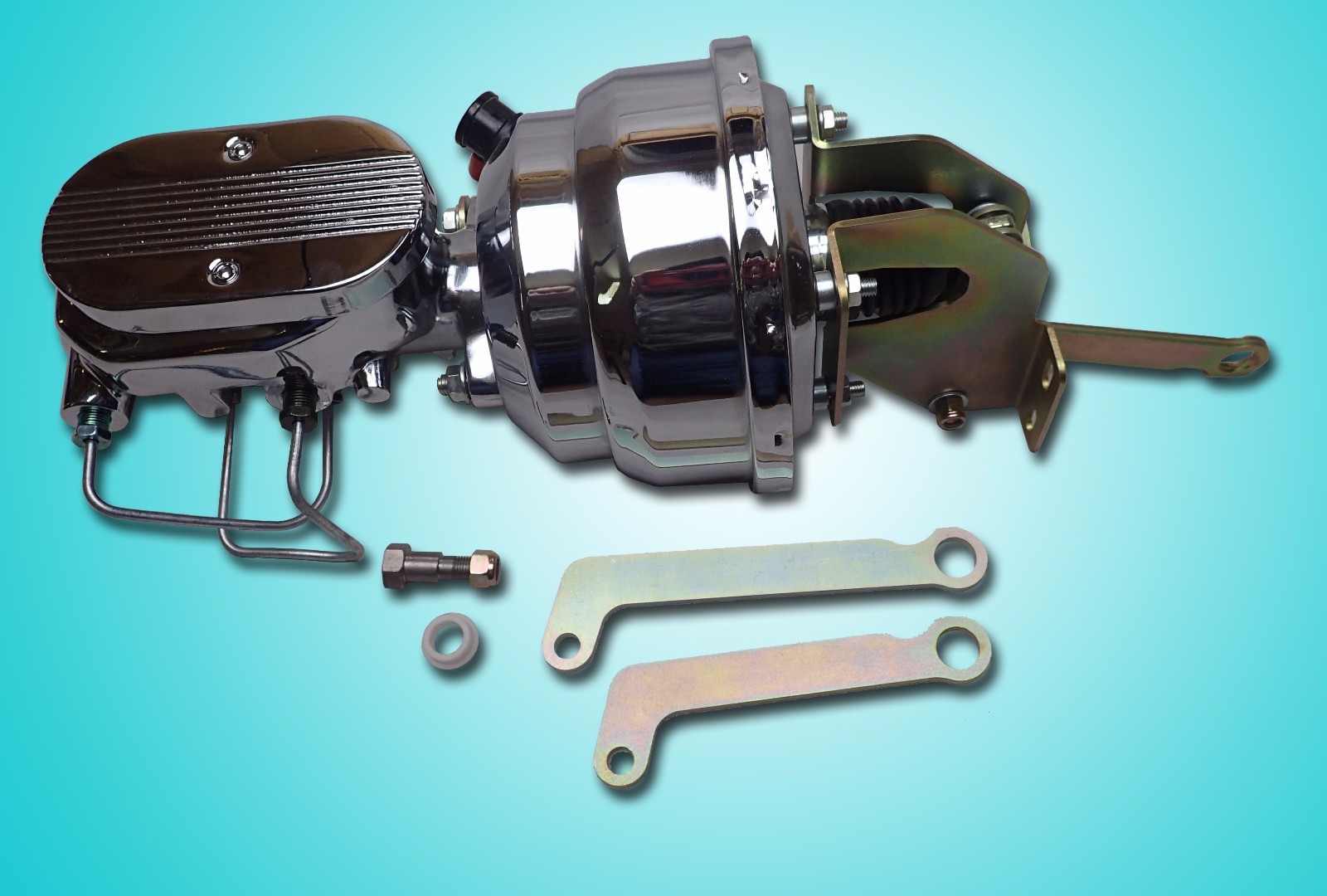 Mopar A B E body chrome power brake booster and master cylinder with pv2