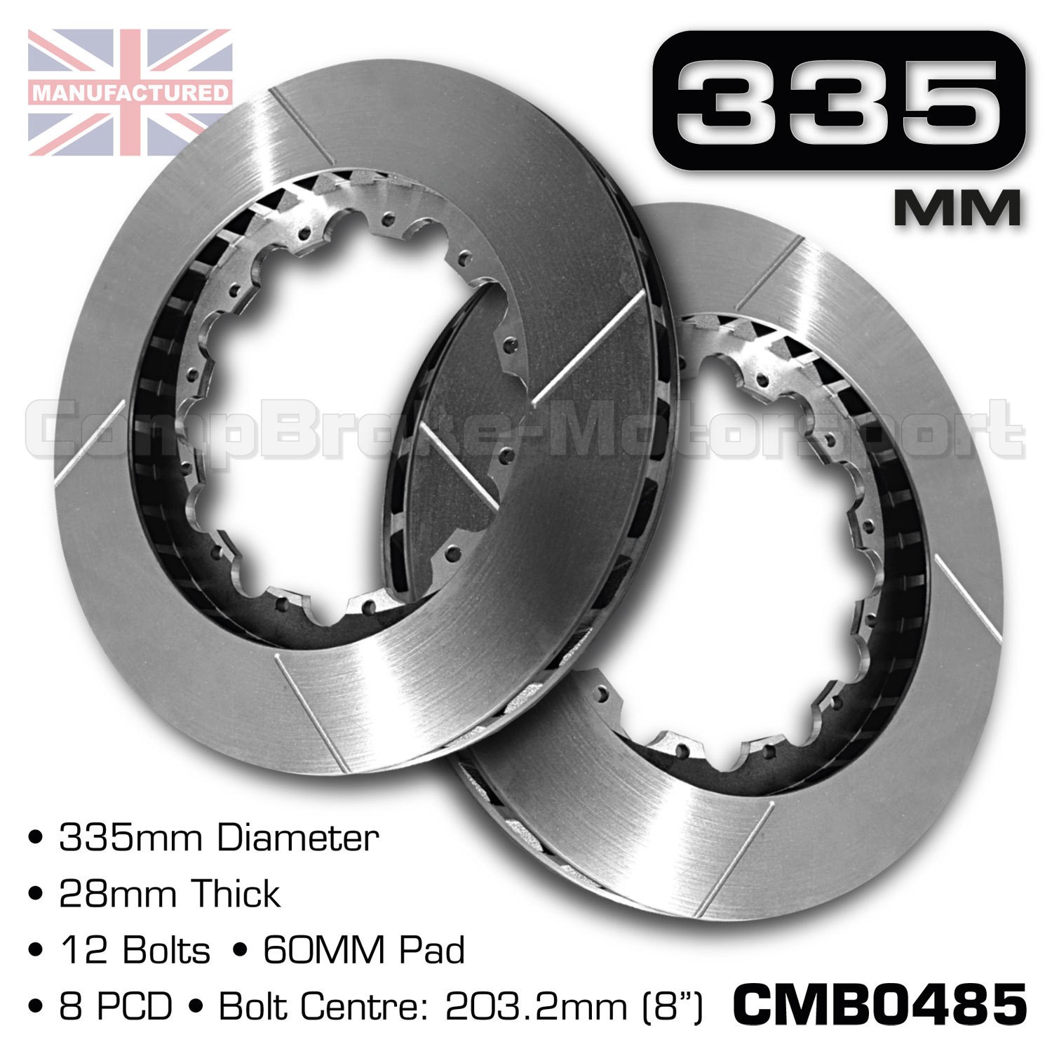 GROOVED BRAKE DISCS / ROTORS 335MM X 28MM 12 BOLT (60MM PAD) 8″ PCD