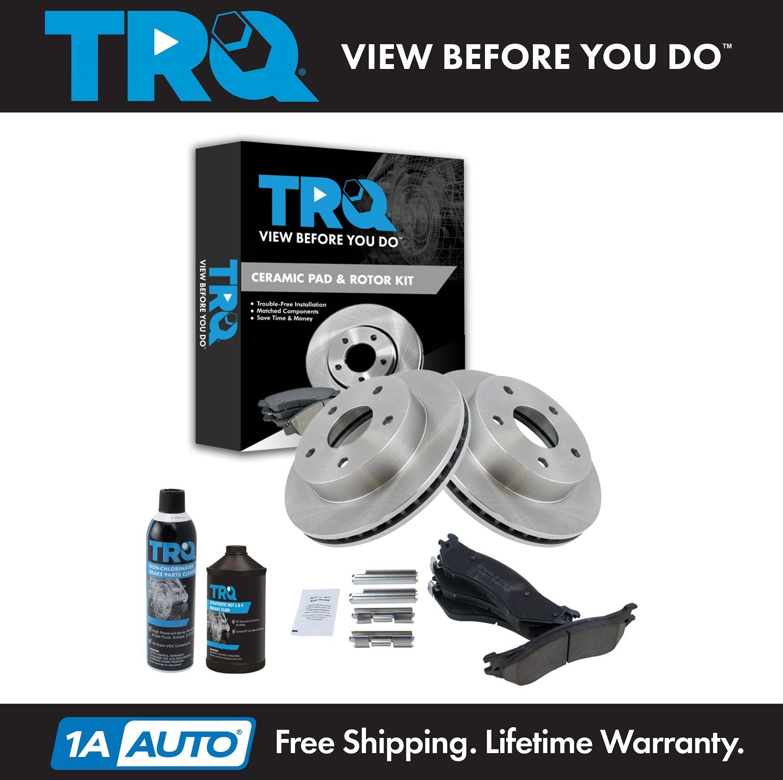 TRQ Front Ceramic Brake Pad & Brake Rotor Kit w/Fluids for 00-01 Dodge Ram 1500