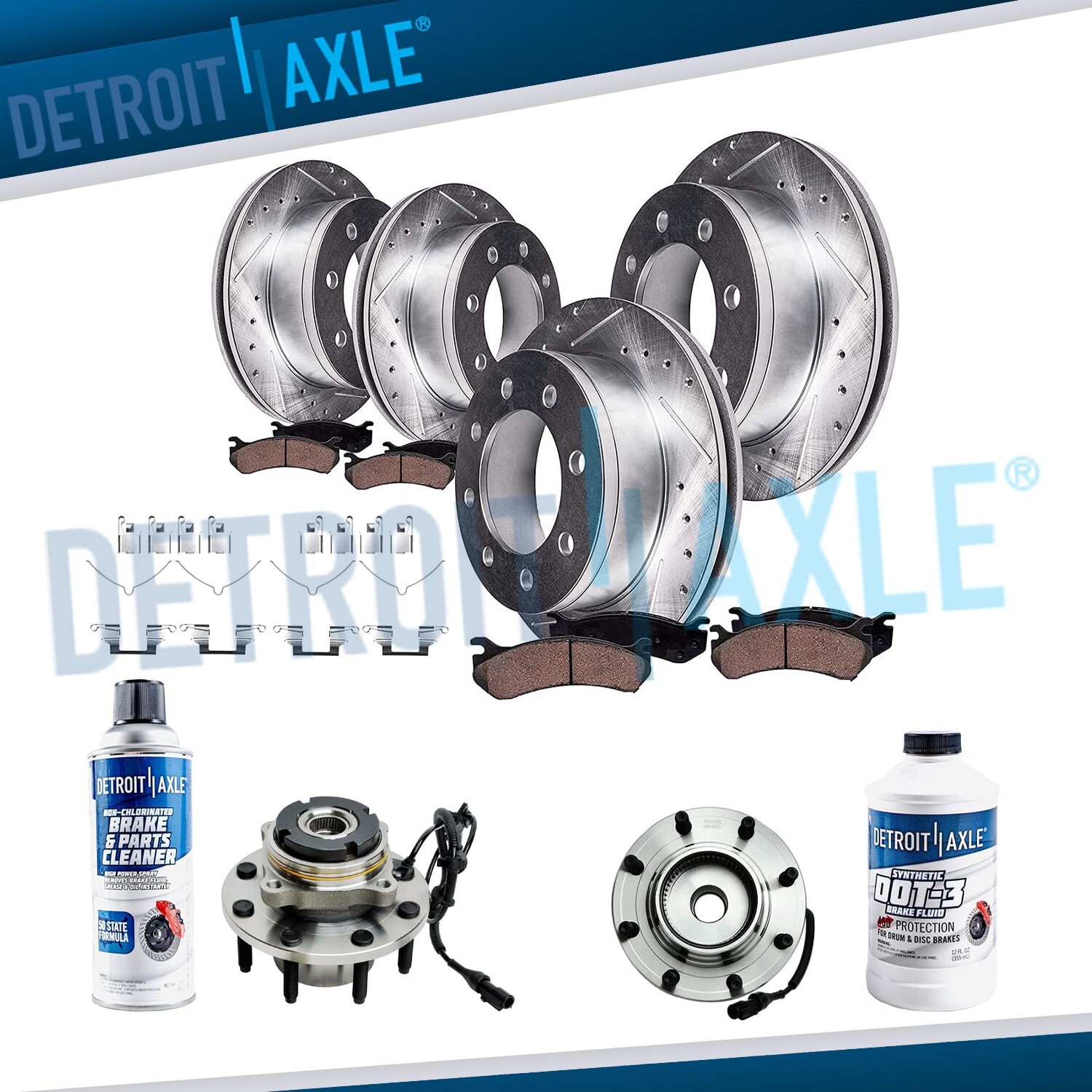 4WD Front & Rear Drilled Rotors Brake Pads Wheel Bearing Hubs for F-250 F-350 SD