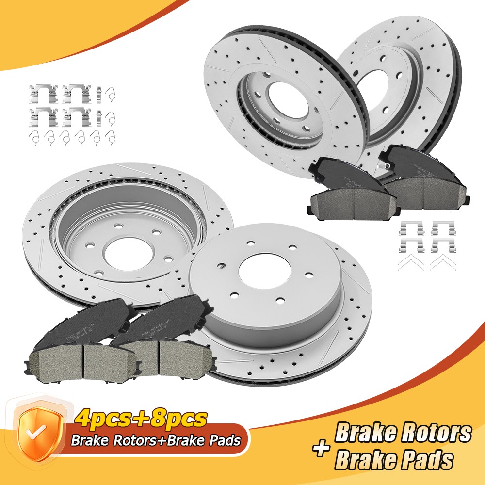 Front & Rear Disc Brake Rotors + Ceramic Pads W/Clips for 2017-2023 Nissan Titan