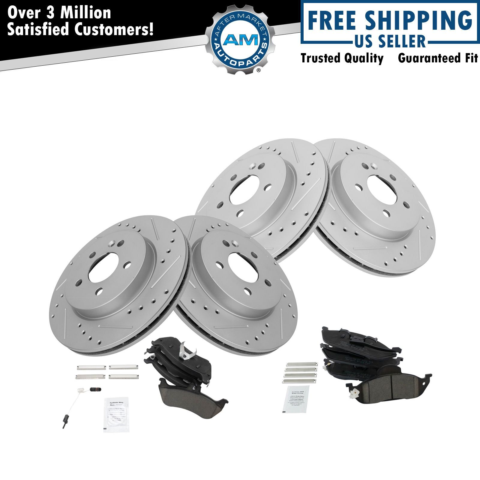 Front & Rear Ceramic Brake Pad & Performance Drilled Slotted Rotor Kit