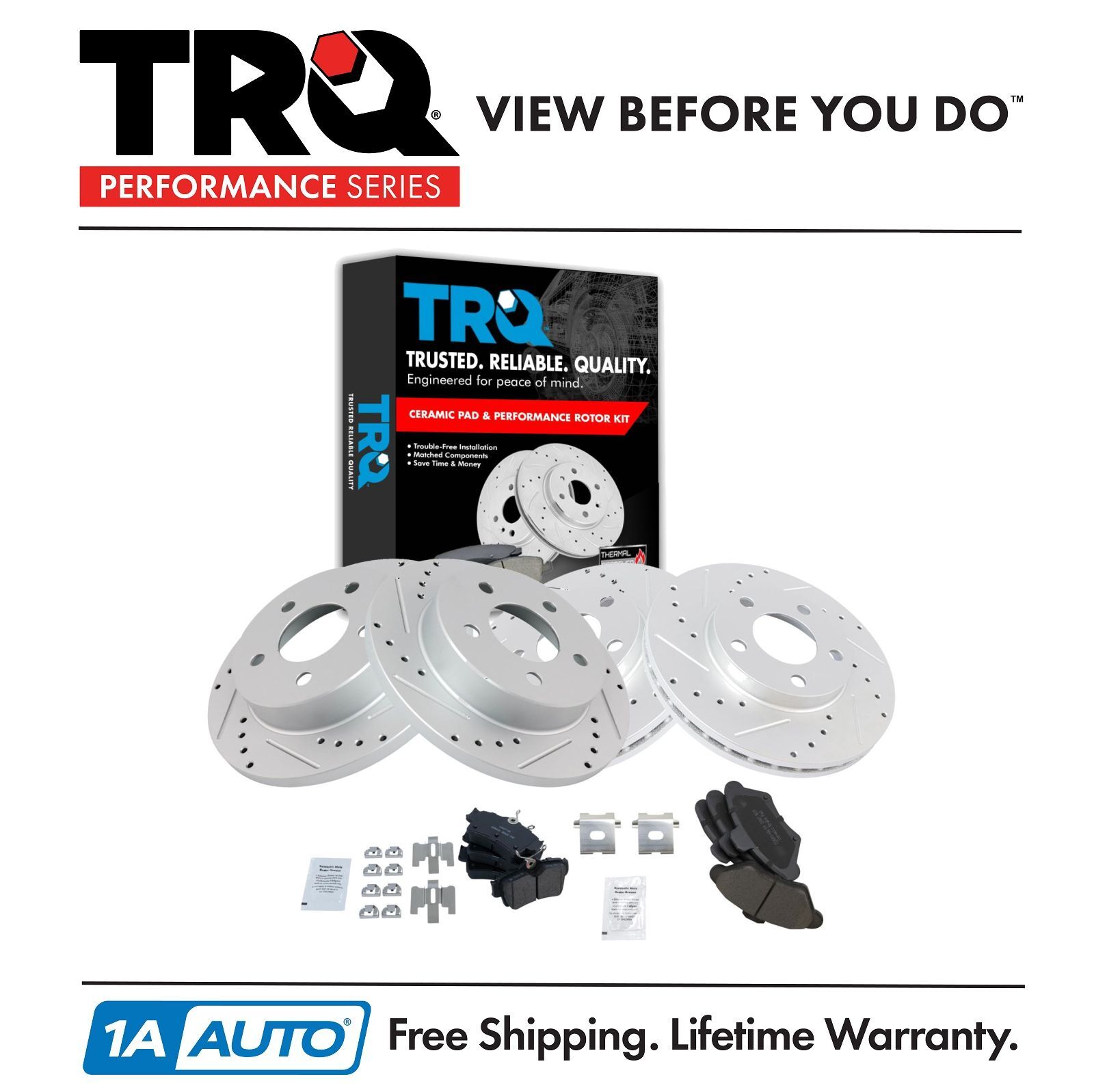 TRQ Front & Rear Performance Drilled Slotted Brake Rotor & Ceramic Pad Kit