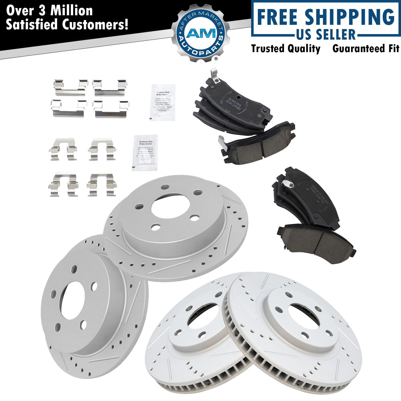 Ceramic Brake Pad & Performance Drilled Slotted Rotor Front & Rear Kit