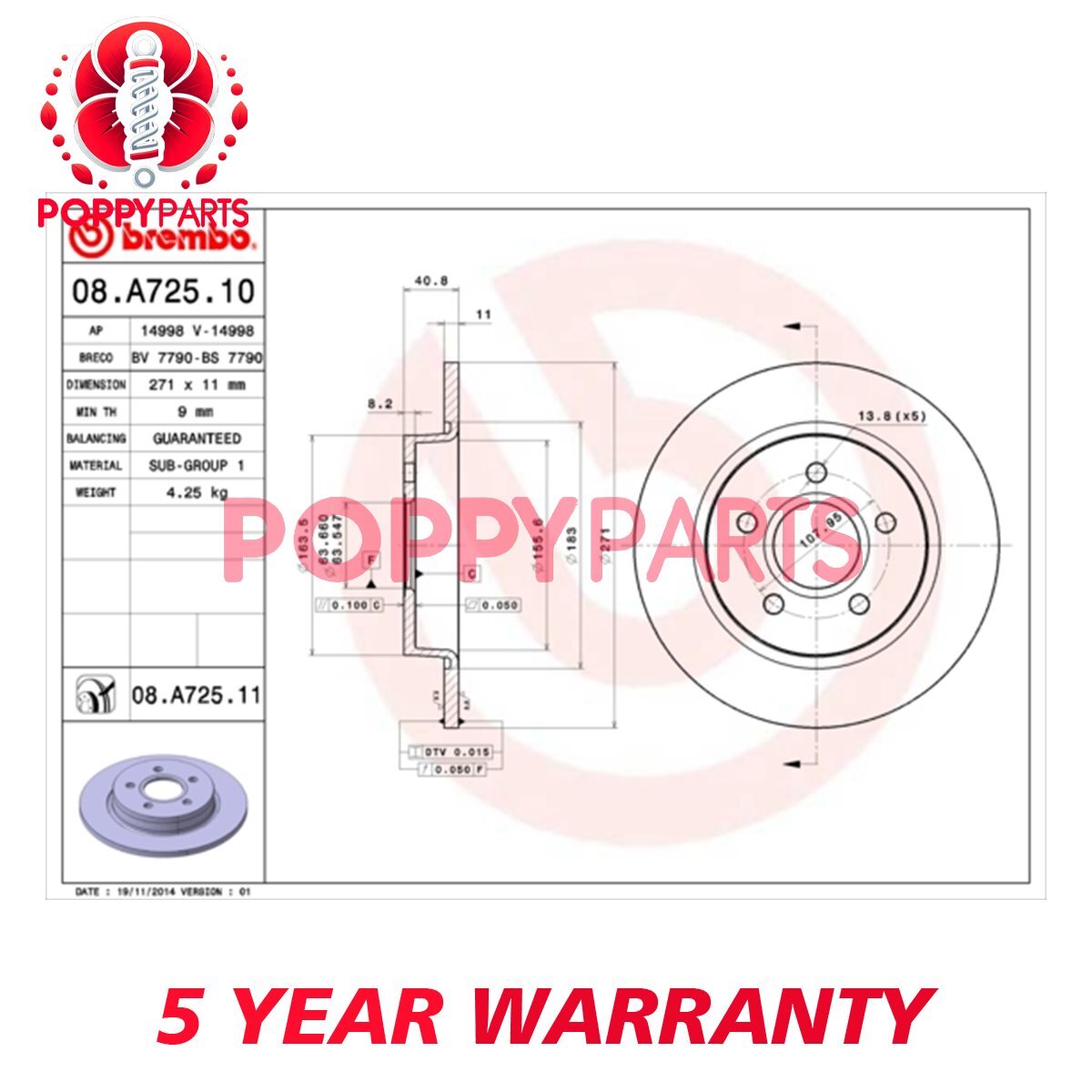 Fits Ford Focus 2010-2020 + Other Models Brake Discs Rear Poppy