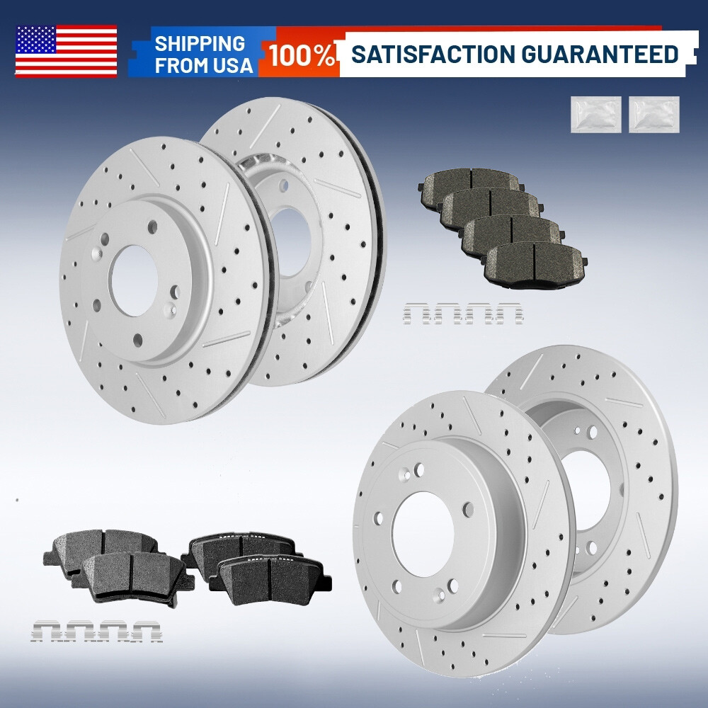 Front Rear Drilled Slotted Rotors Ceramic Brake Pads for 2014 – 2016 Kia Soul