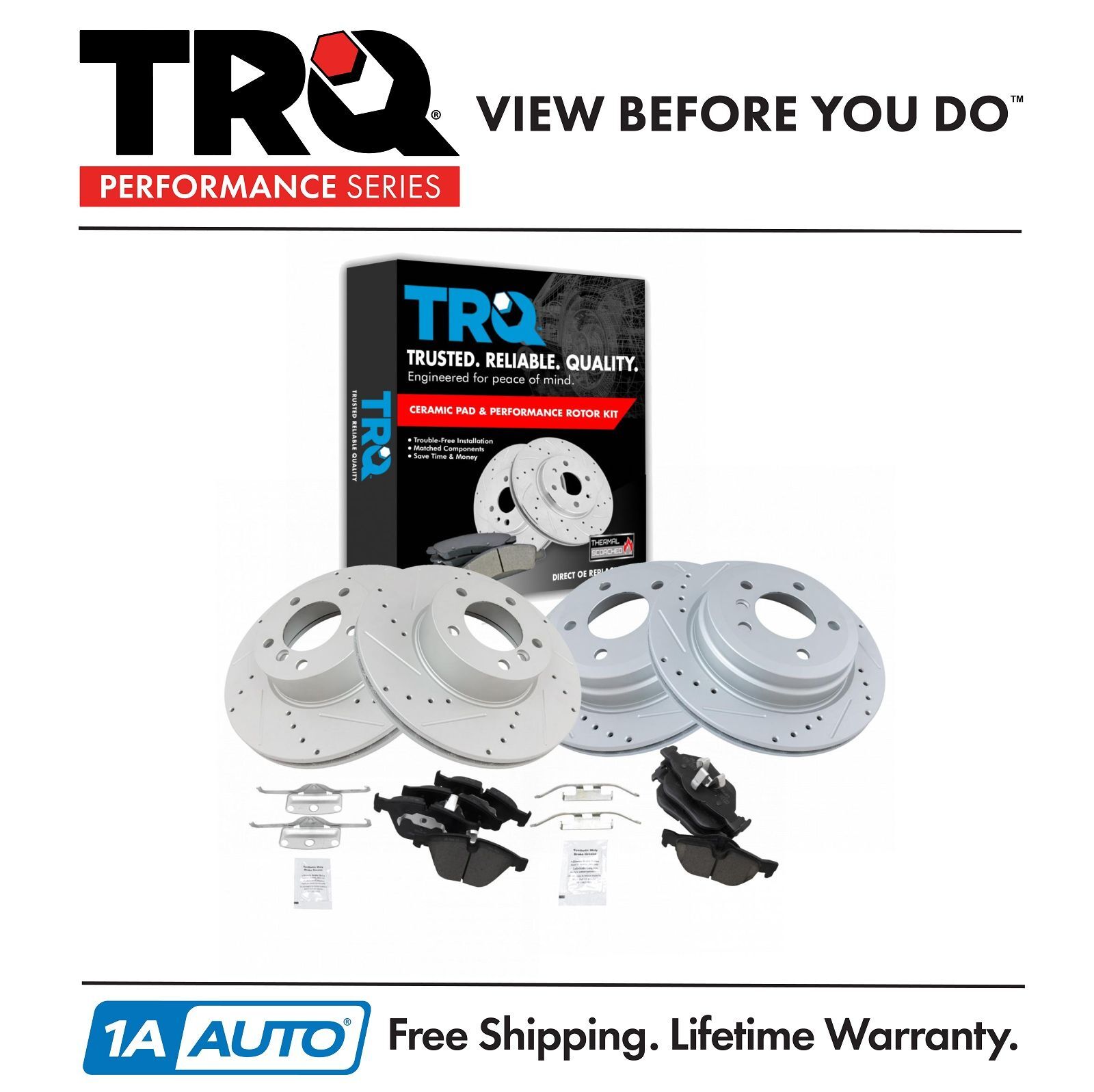 TRQ Brake Rotor Performance Drilled Slotted & Ceramic Pad Front & Rear Kit