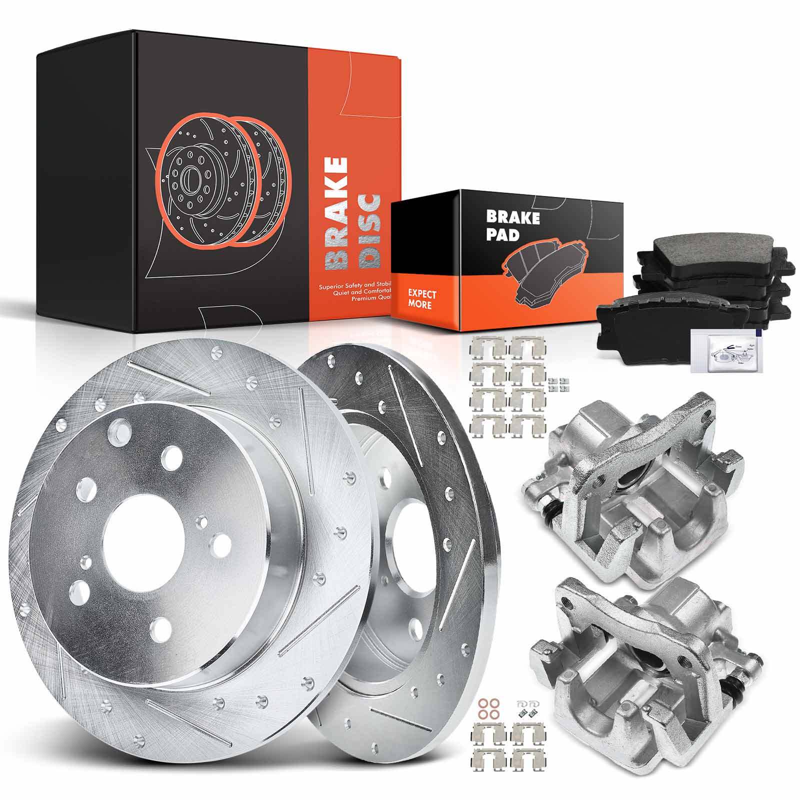 Drilled Brake Rotors & Ceramic Pads + Brake Calipers for Toyota RAV4 12-18 Rear