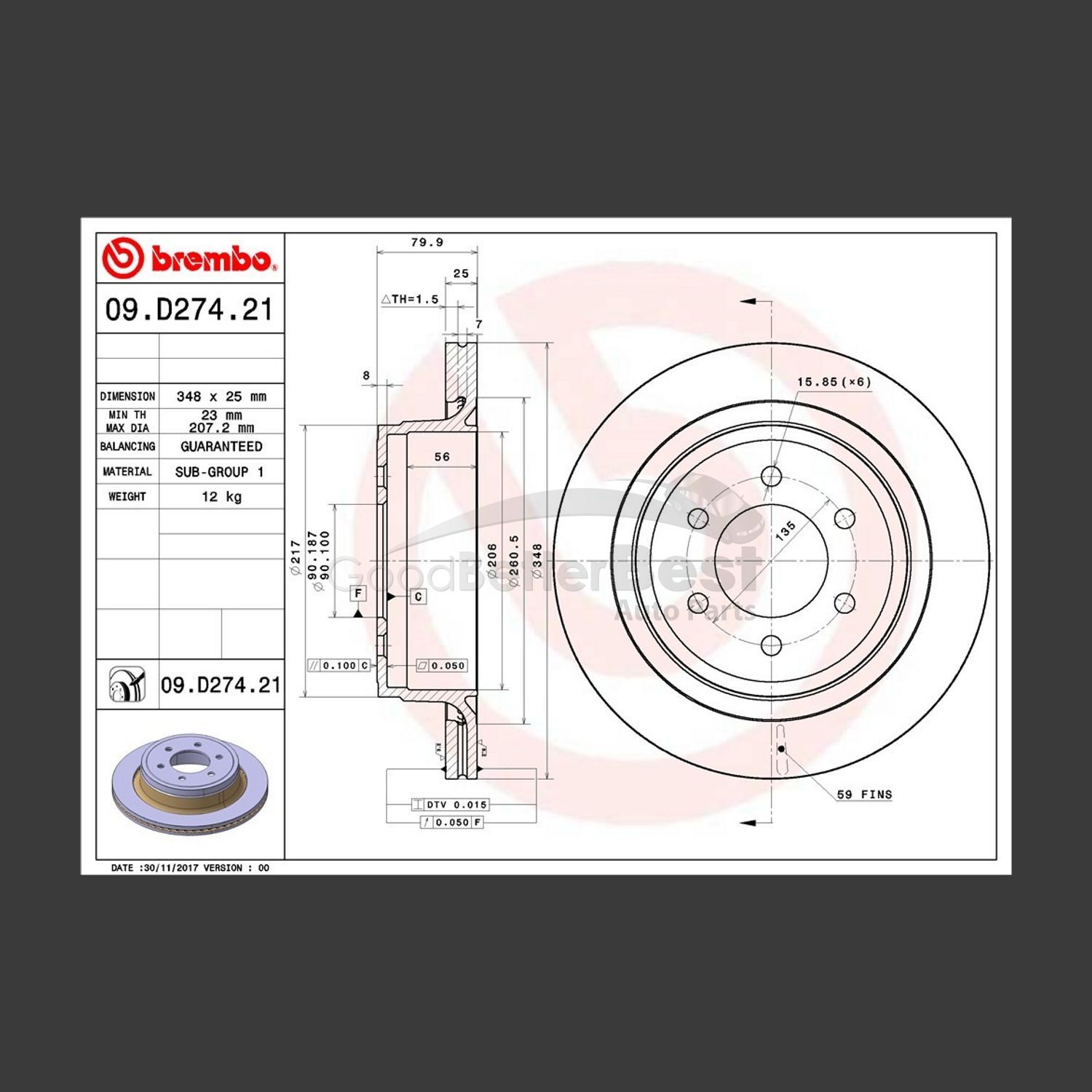 One New Brembo Disc Brake Rotor Rear 09D27421 for Ford
