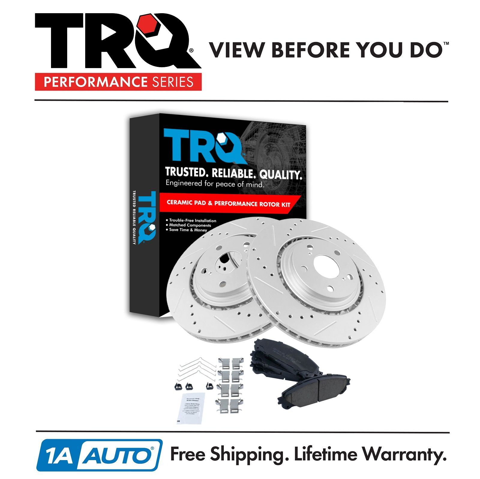 TRQ Front Posi Ceramic Disc Brake Pads & Performance Drilled Slotted Rotors