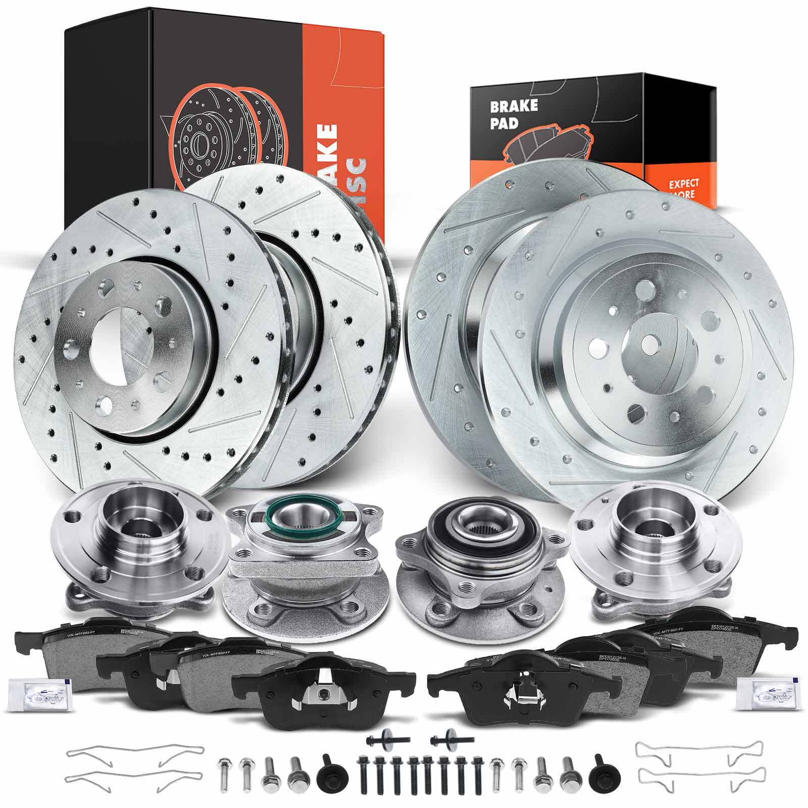 Front & Rear Drilled Brake Rotor & Pads + Hub Bearing for Volvo S60 02-09 XC70