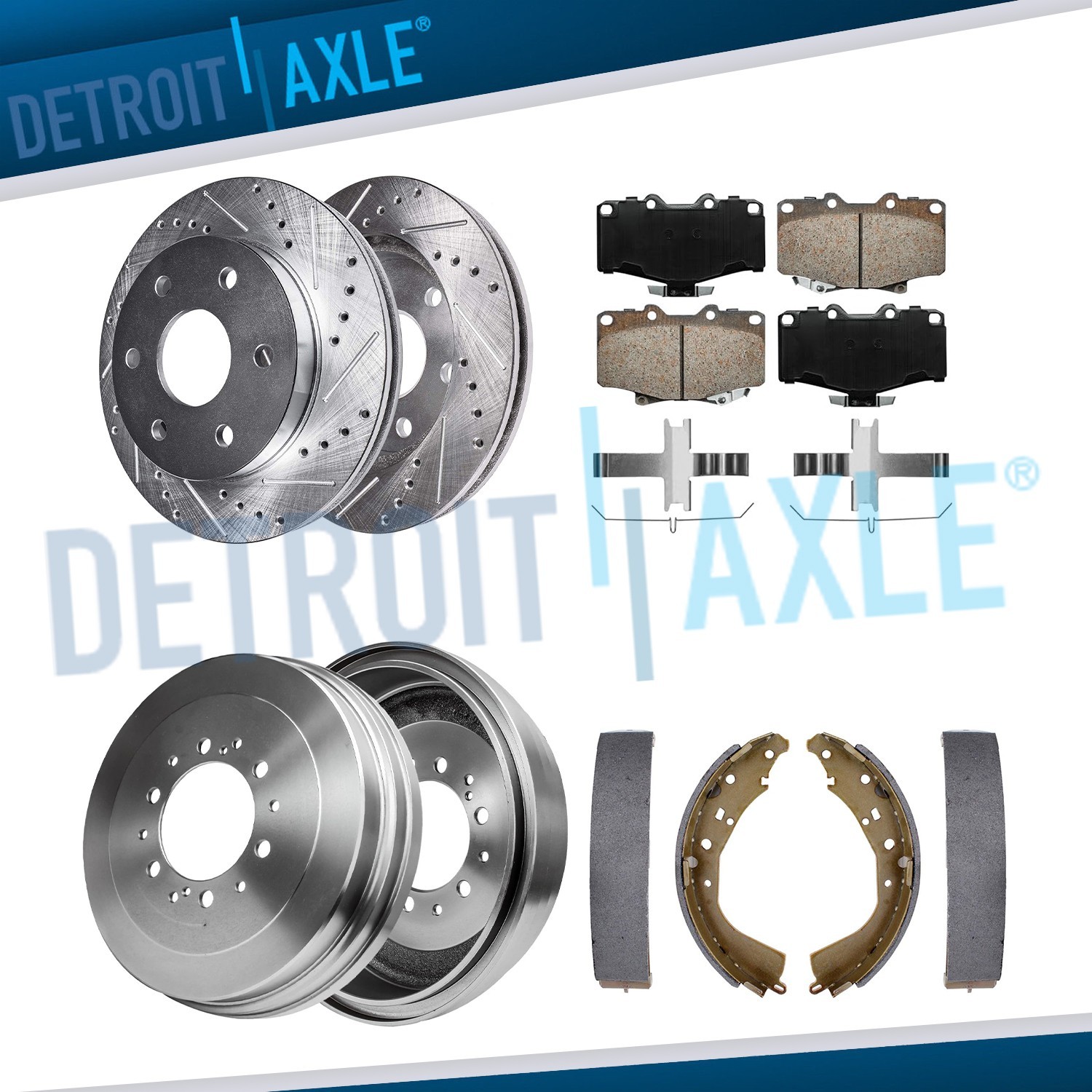 11.69″ Front Drilled Rotors Brake Pads Rear Drum Shoes for Toyota Tacoma 4Runner