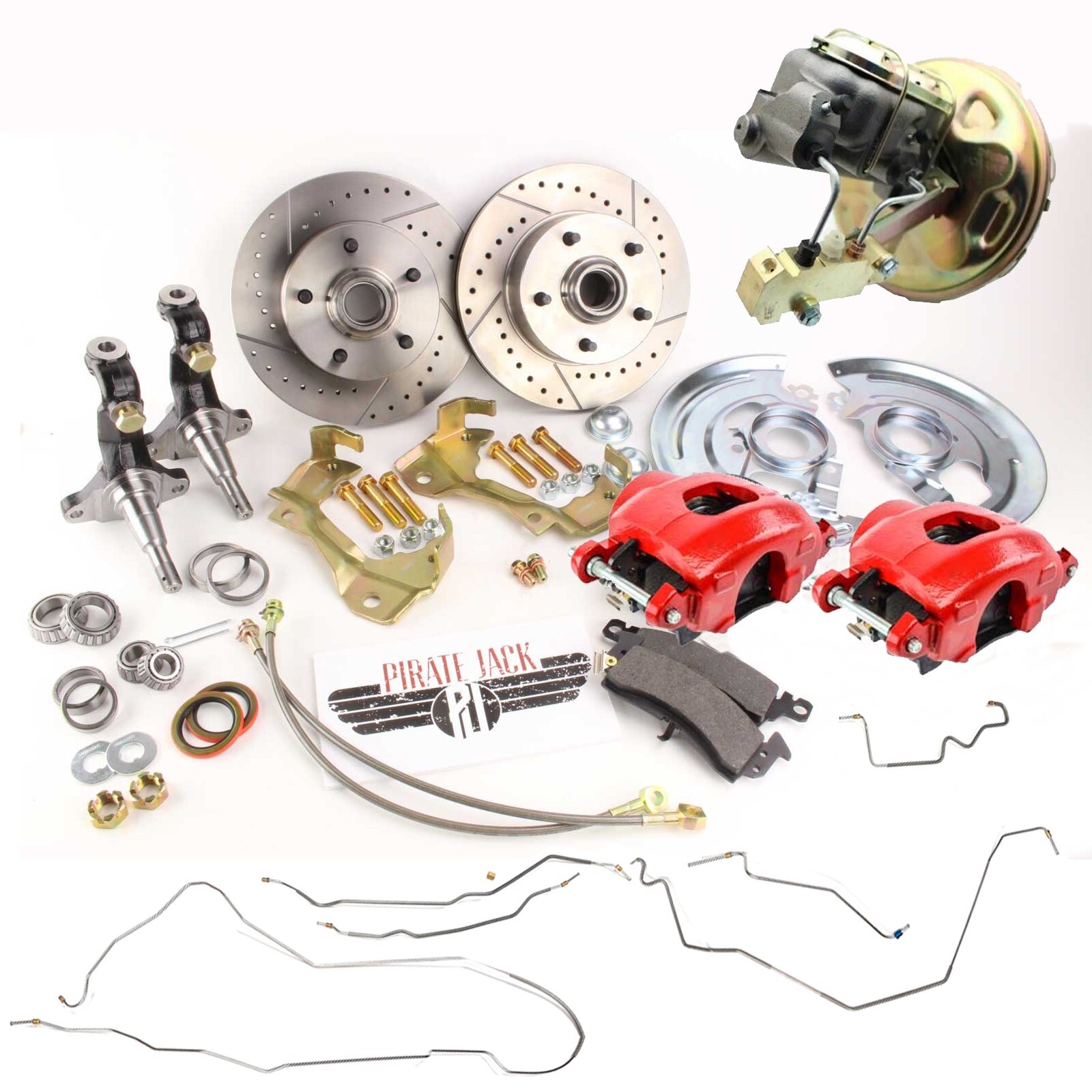 1964-1967 Chevelle Disc Brake Kit Red Calipers & Complete Brake Line Kit