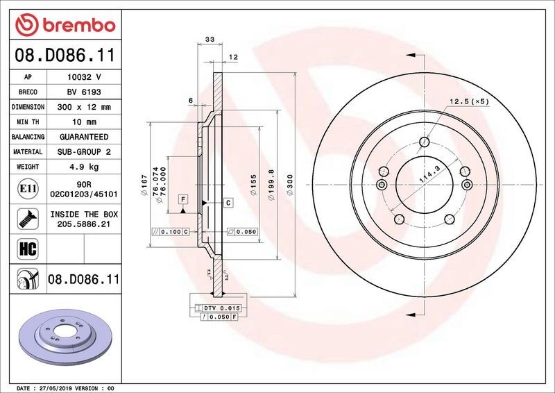 2X Brembo 08.D086.11 Rear Solid Brake Discs Fits Hyundai I30