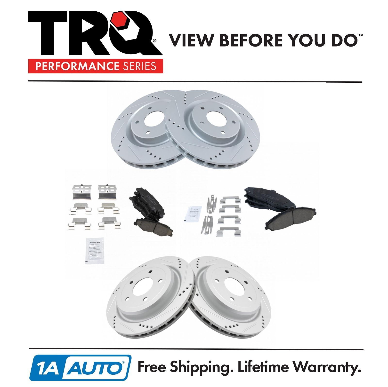 TRQ Performance Brake Rotor Drilled Slotted & Ceramic Pad Front & Rear Kit