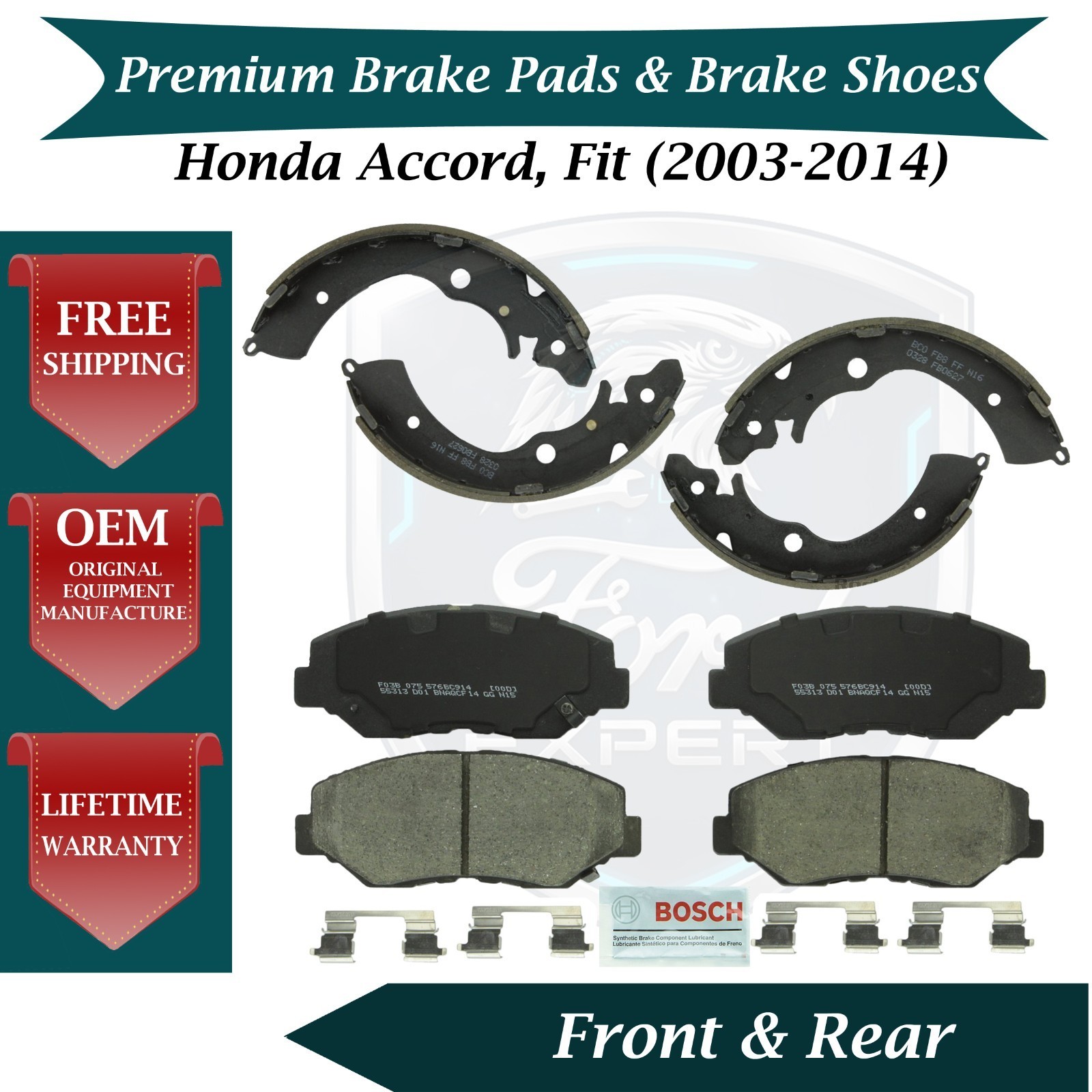Bosch OEM Front Pads & Rear Shoes For 2003-2014 Honda Accord FIT 9 Yr Warranty