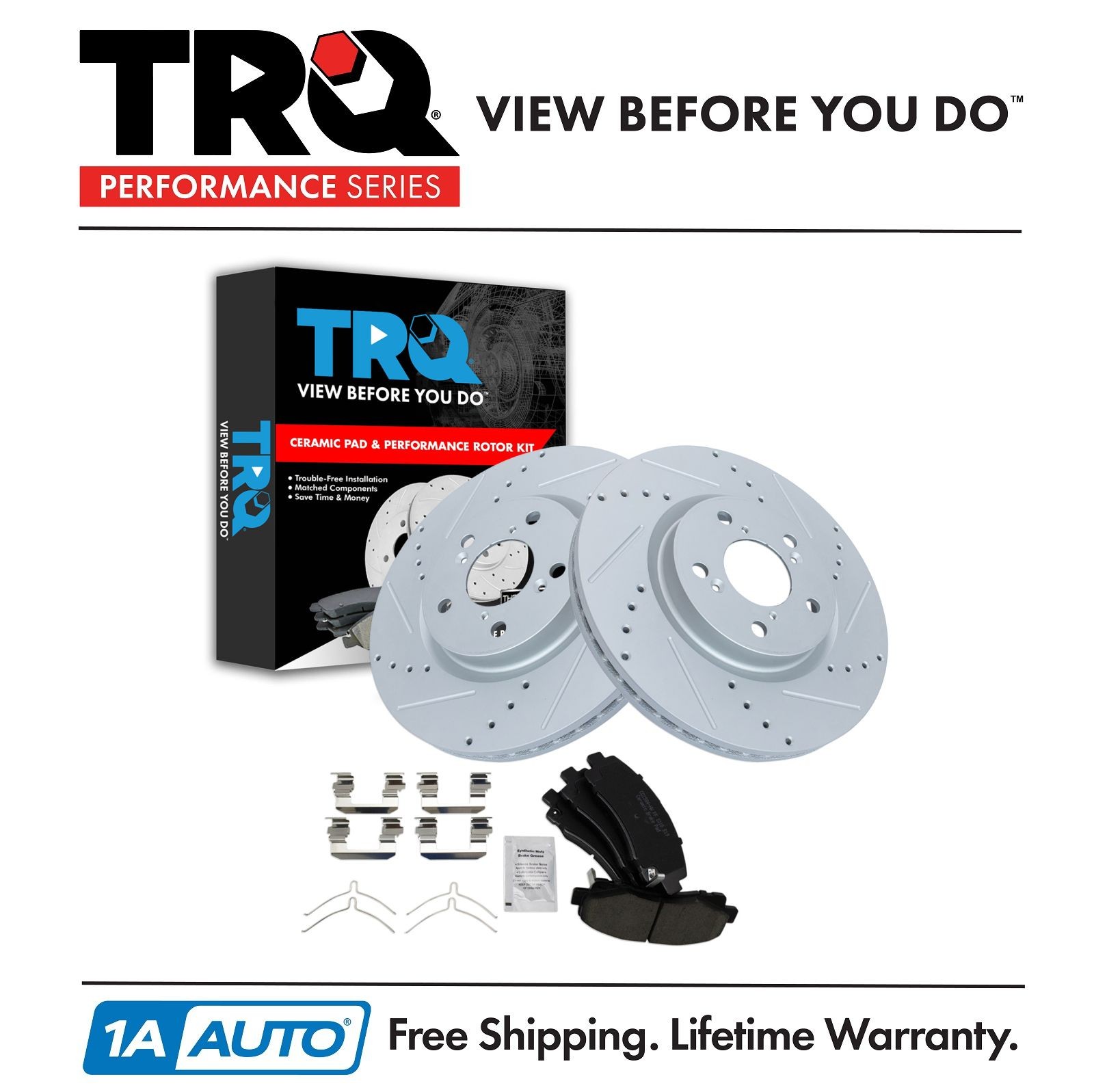 TRQ Front Posi Ceramic Brake Pad Performance Drilled Slotted Zinc Coated Rotors