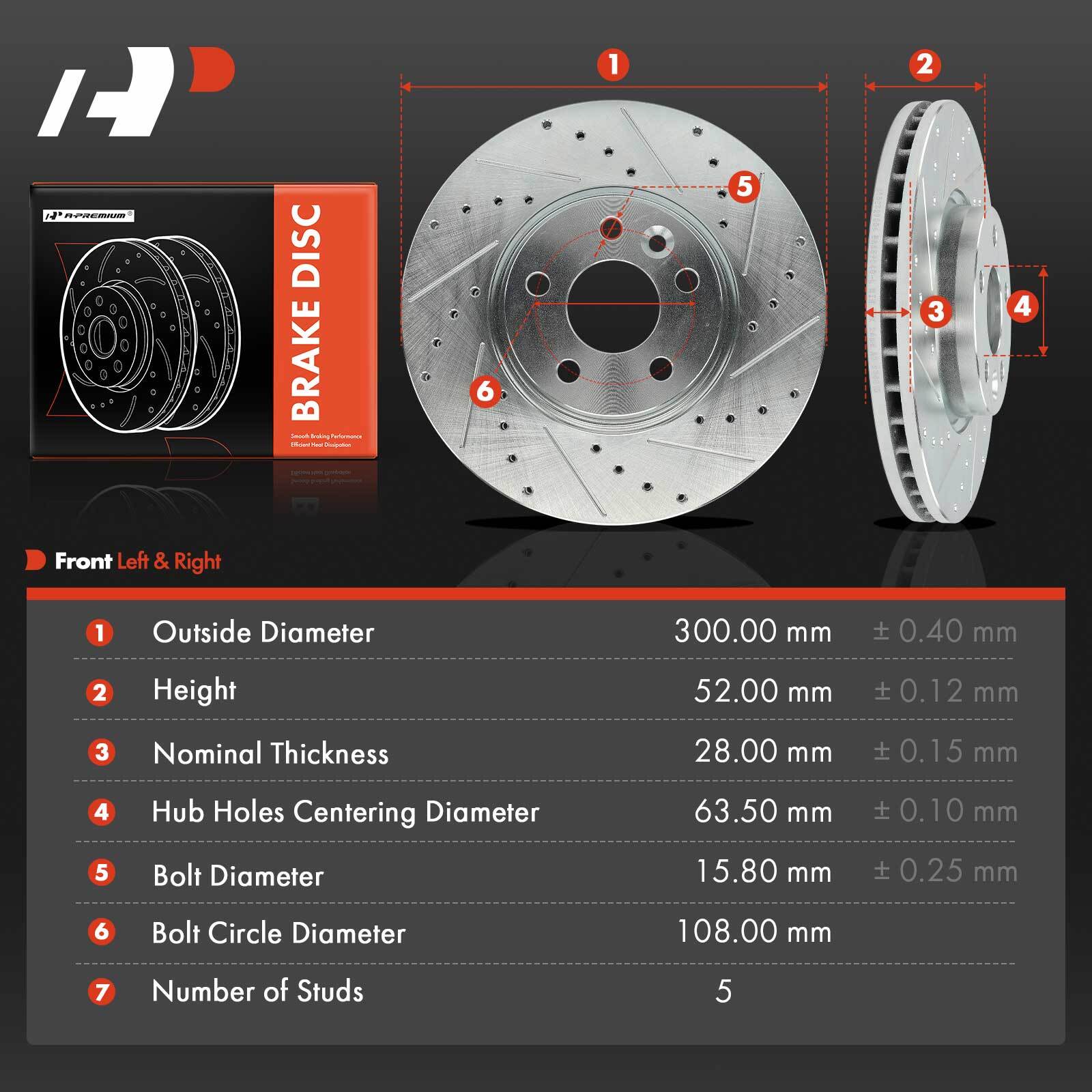 A-Premium Front Side Drilled Brake Rotors for Volvo S60 S80 V60 XC70 Land Rover