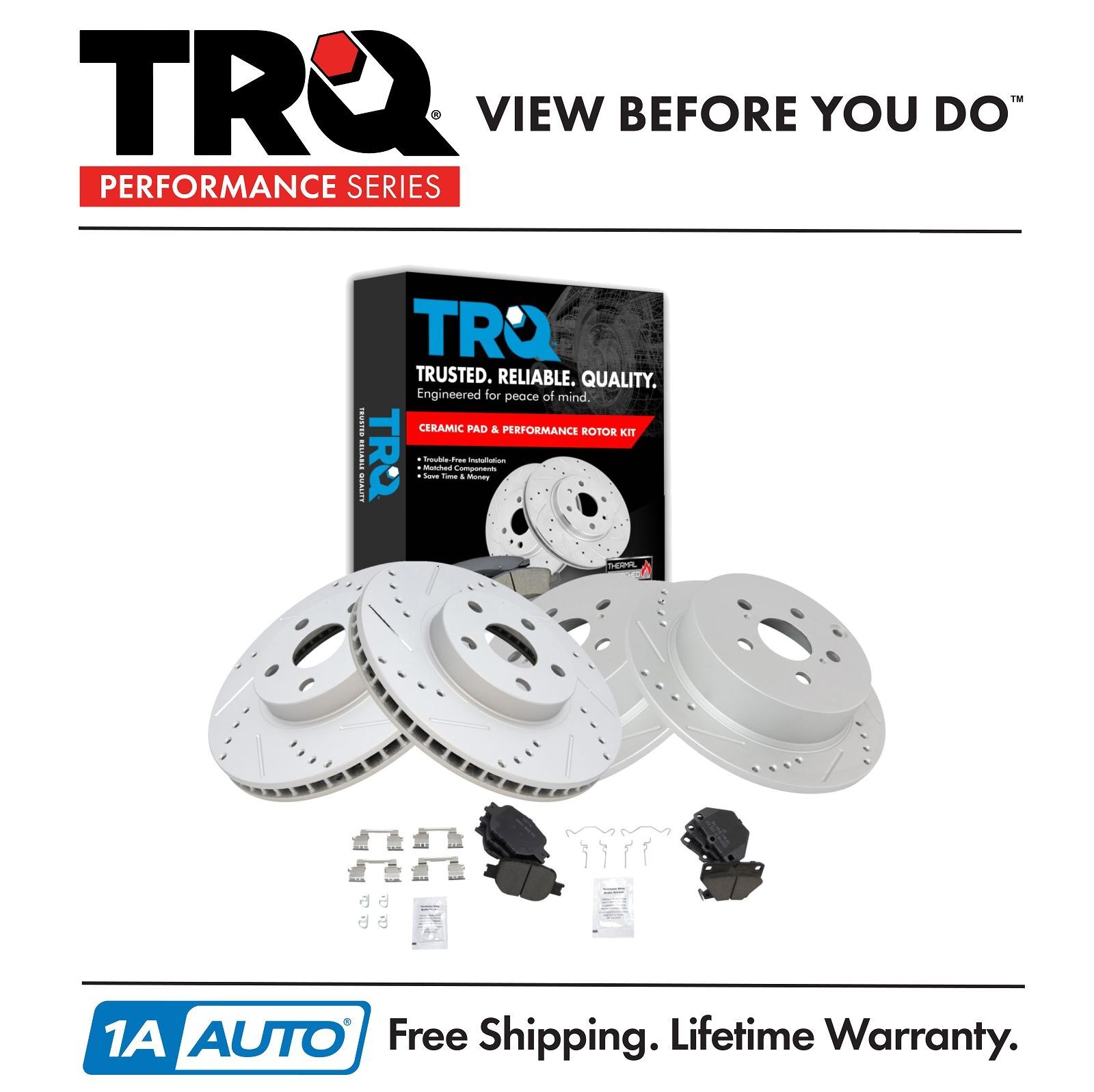TRQ Performance Drilled Slotted Rotor & Ceramic Brake Pad Front & Rear Kit