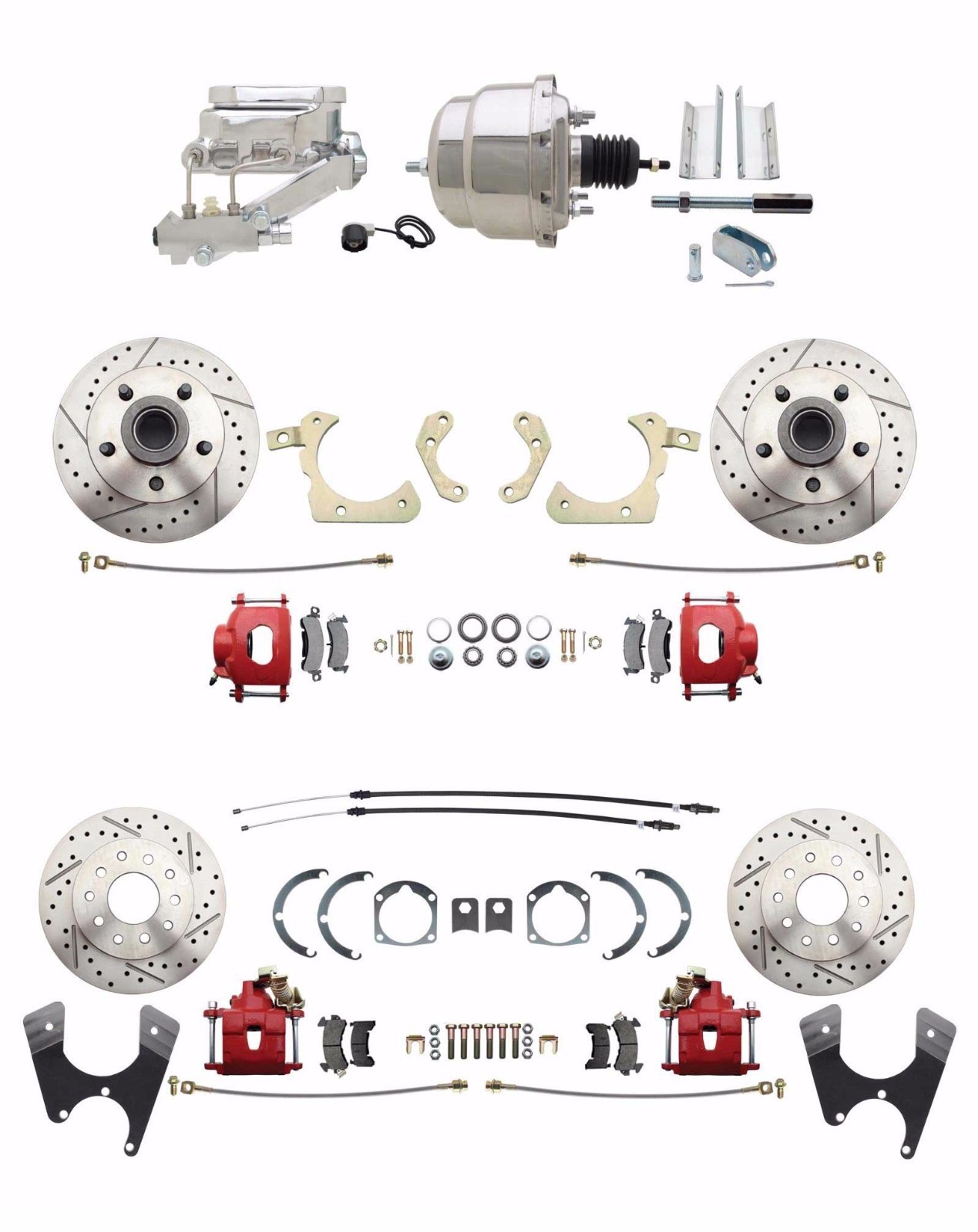 1959-1964 Impala Front/ Rear Chrome Power Disc Brake Conversion Kit Red Calipers
