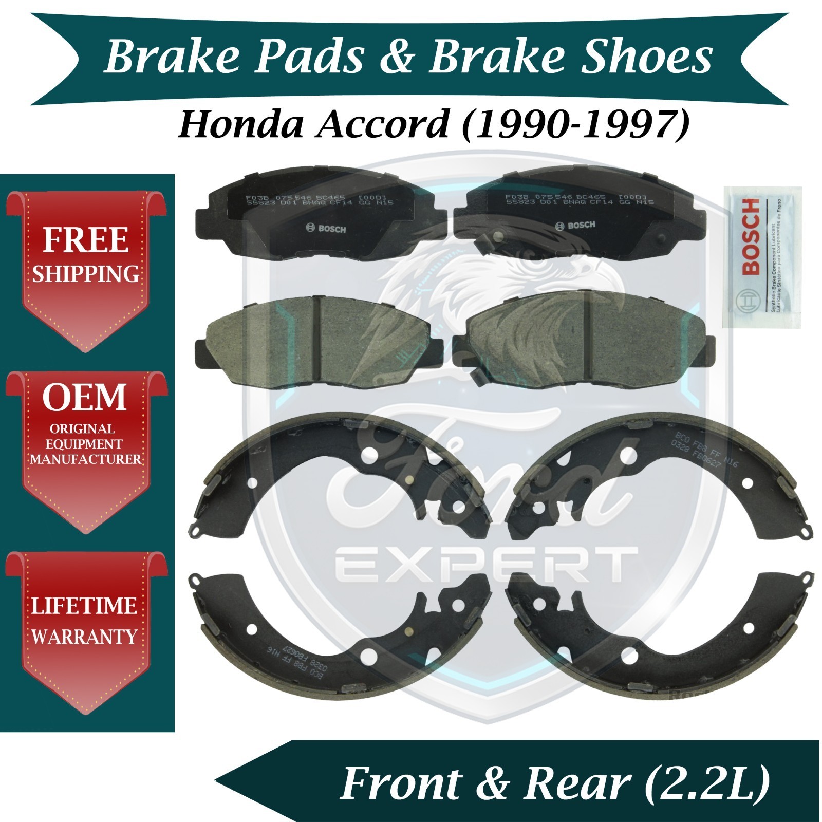Bosch OEM Front Pads & Rear Shoes For 1990-1997 Honda Accord Lifetime Warranty
