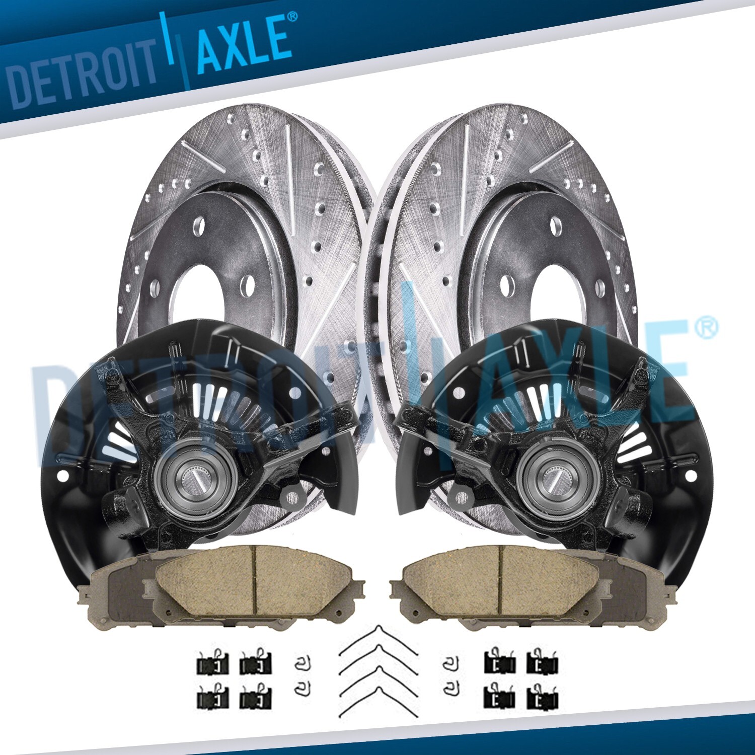 6pc FWD Front Steering Knuckles Hubs Drilled Rotors Brake Pads for Toyota Sienna
