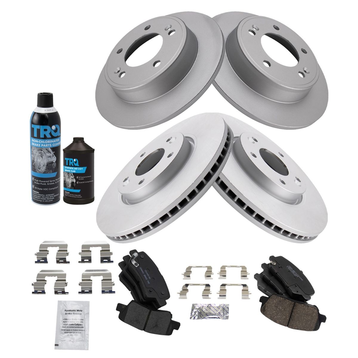 TRQ Front & Rear Brake Kit Posi Ceramic Pad & Coated Rotor Kit w/Chemicals