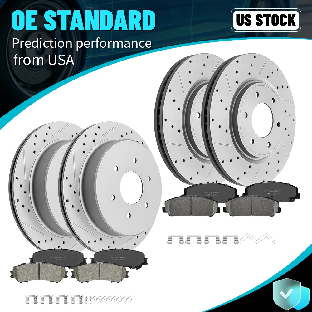 Front Rear Drilled Disc Rotors + Ceramic Brake Pads For 2017 – 2023 Nissan Titan