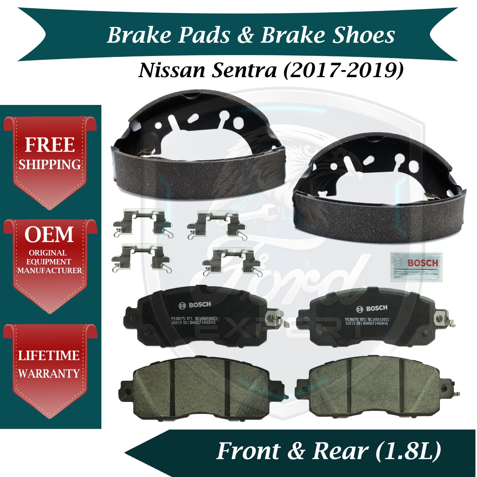 Bosch OEM Front Pads & Rear Shoes For 2017-2019 Nissan Sentra 10 Year Warranty