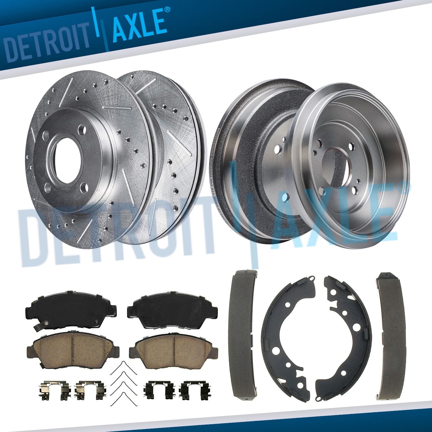 Front Drilled Rotors and Pads Rear Brake Drums and Shoes for 2009-2013 Honda Fit