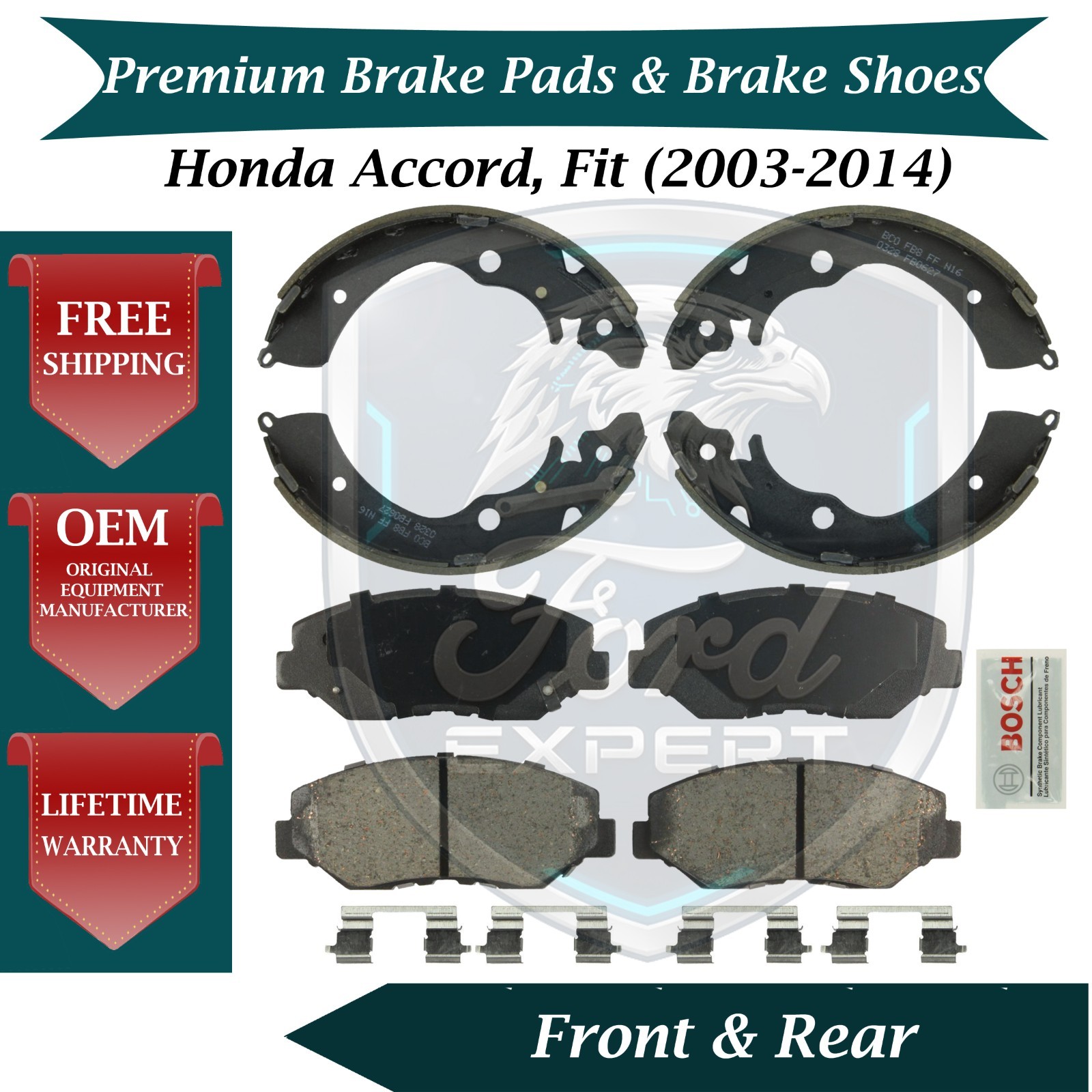 Bosch OEM Front Pads & Rear Shoes For 2003-2014 Honda Accord Fit 10 Yr Warranty