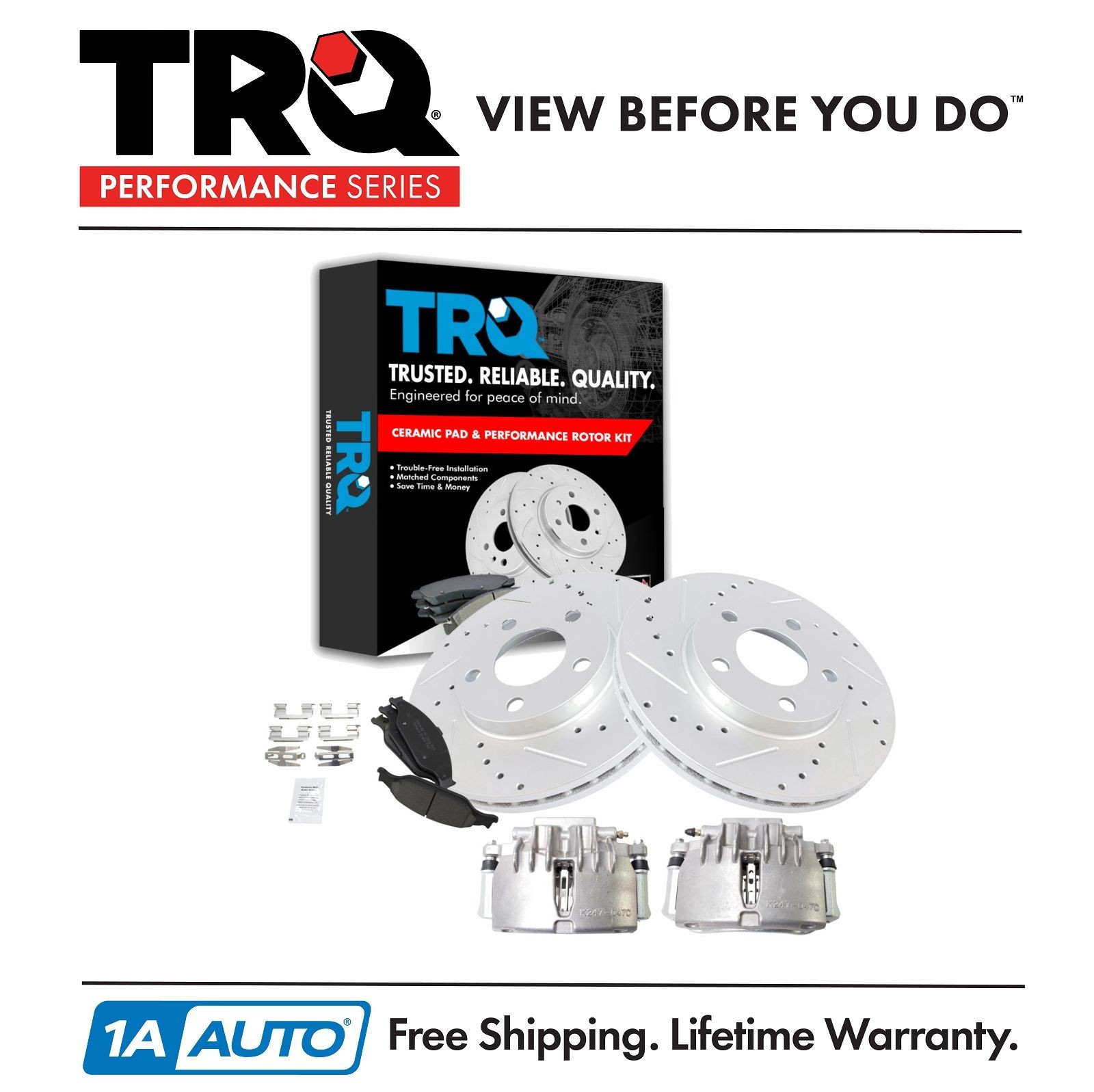 TRQ Front Brake Calipers Ceramic Pads & Drilled Rotors Fits 03-04 Ford Mustang