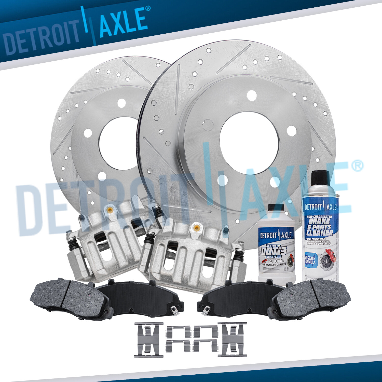 Front Drilled Rotors Brake Calipers + Brake Pads for 1997 – 2003 Ford F-150 4WD