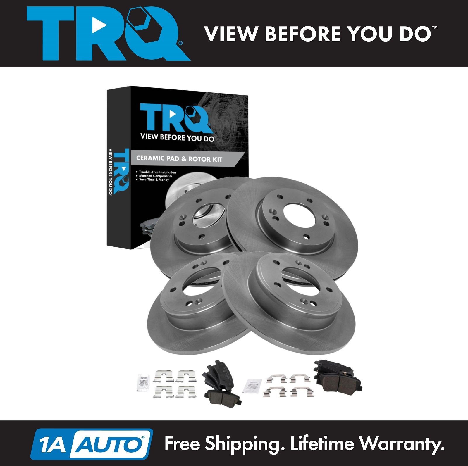 TRQ Front & Rear Brake Pad & Rotor Kit Ceramic Fits 11-16 Hyundai 14-16 Kia