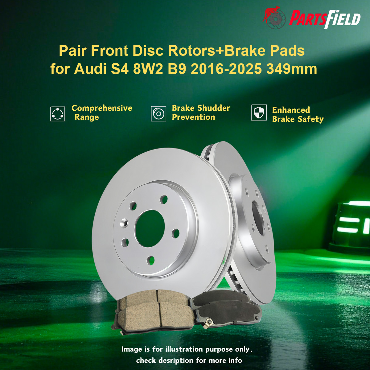 Pair Front Disc Rotors+Brake Pads for Audi S4 8W2 B9 2016-2025 349mm
