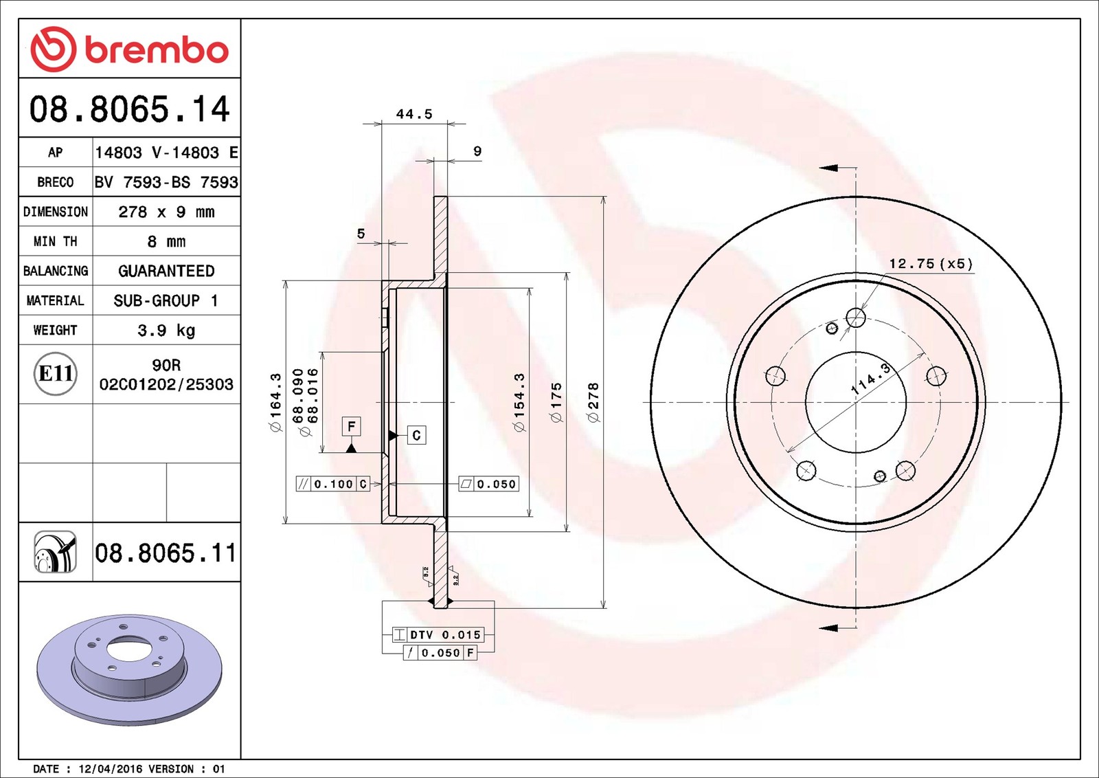 Brembo 08.8065.14 Brake Disc for Infiniti, Nissan