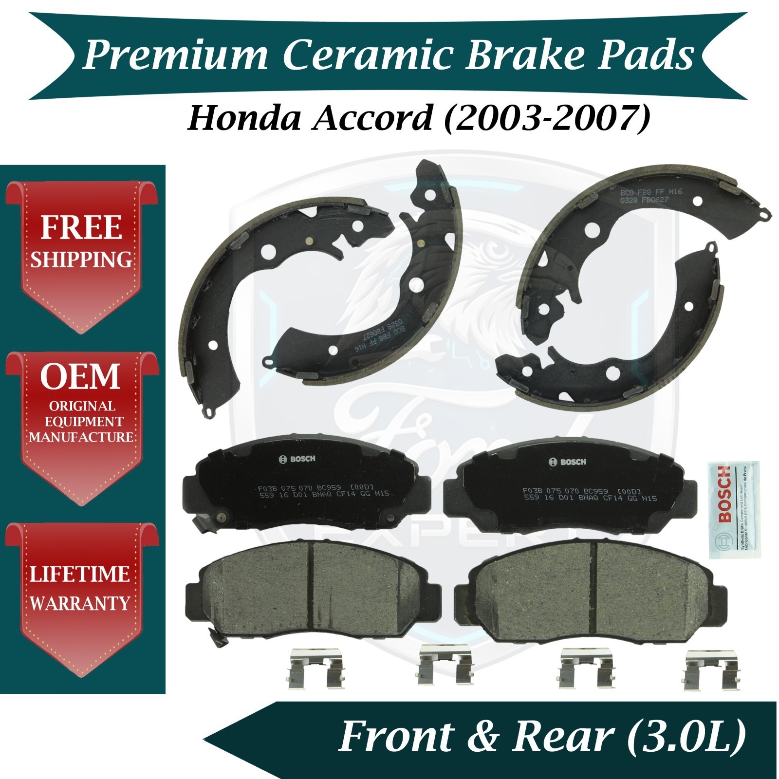 BOSCH OEM Front Pads & Rear Shoes For 2003-2007 Honda Accord Lifetime Warranty